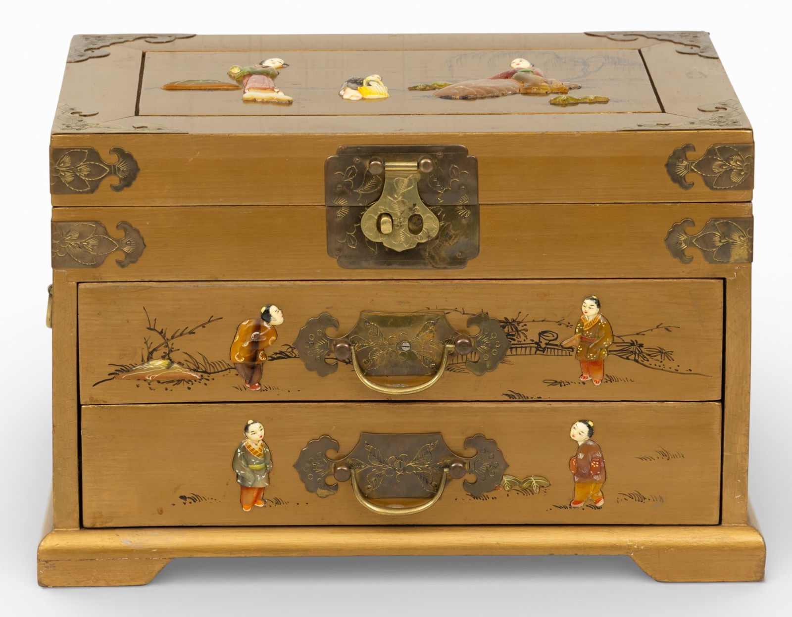 Chinese Jewelry Chest with Brass Mounts and Applied Hardstones 1980, H 10" W 15" (1 of 6)