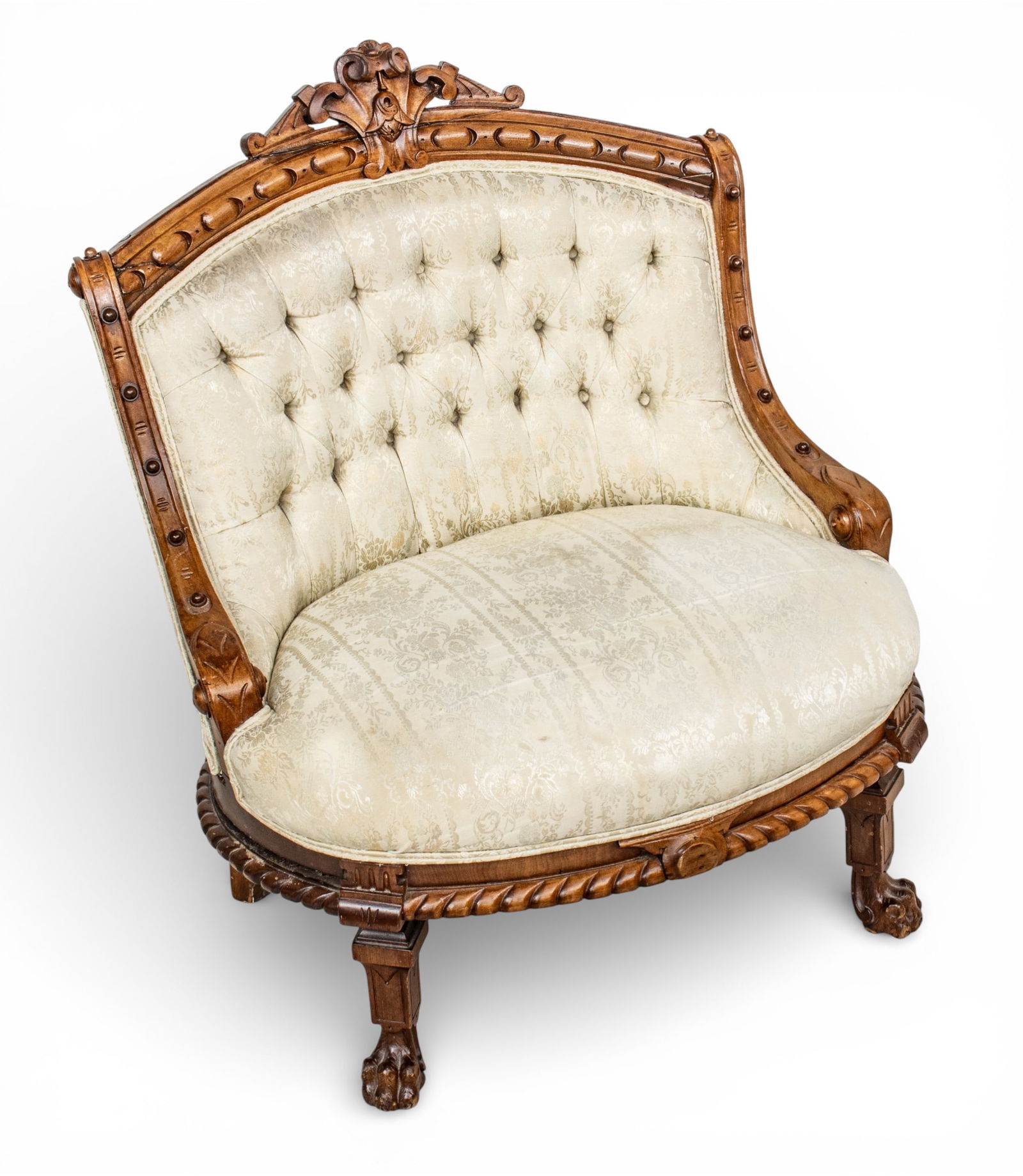 French Style Walnut Carved Chair and Half, Oyster White Upholstery 1940, H 32" W 28" Depth 25" (1 of 9)
