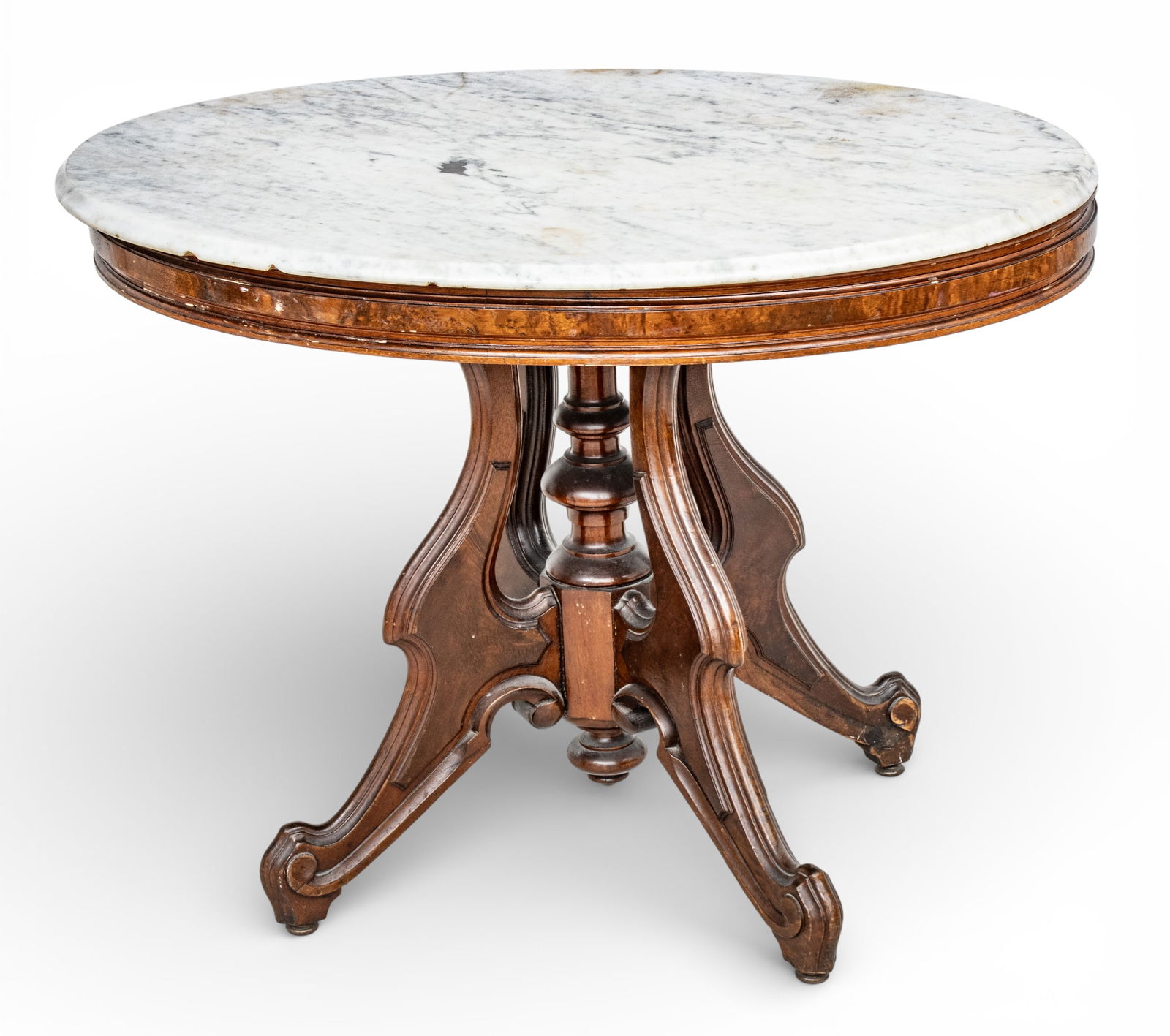 Victorian Walnut Oval Marble Top Parlor Table H 28" W 27" L 38" (1 of 6)