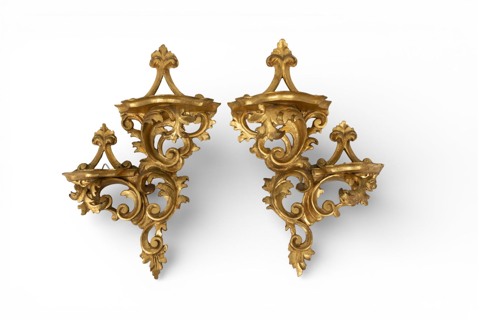 Italian Carved Wood Gold Leaf Florentine Double Wall Shelf H 14" W 9.75" Depth 4" 1 PAIR (1 of 3)