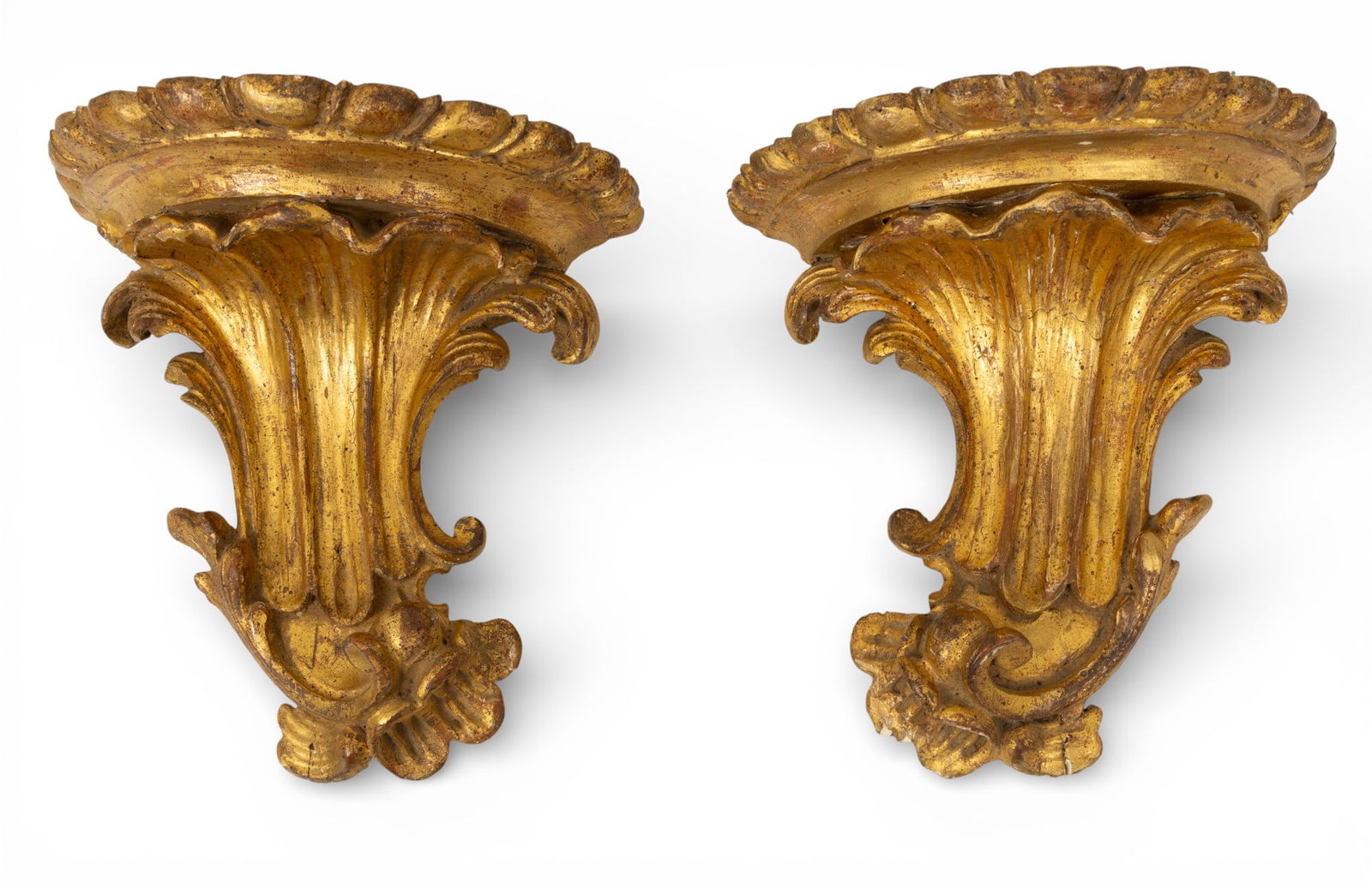 Carved Wood and Gilded Wall Shelves, Ca. 1830, H 7" W 7" Depth 4" 1 PAIR (1 of 3)