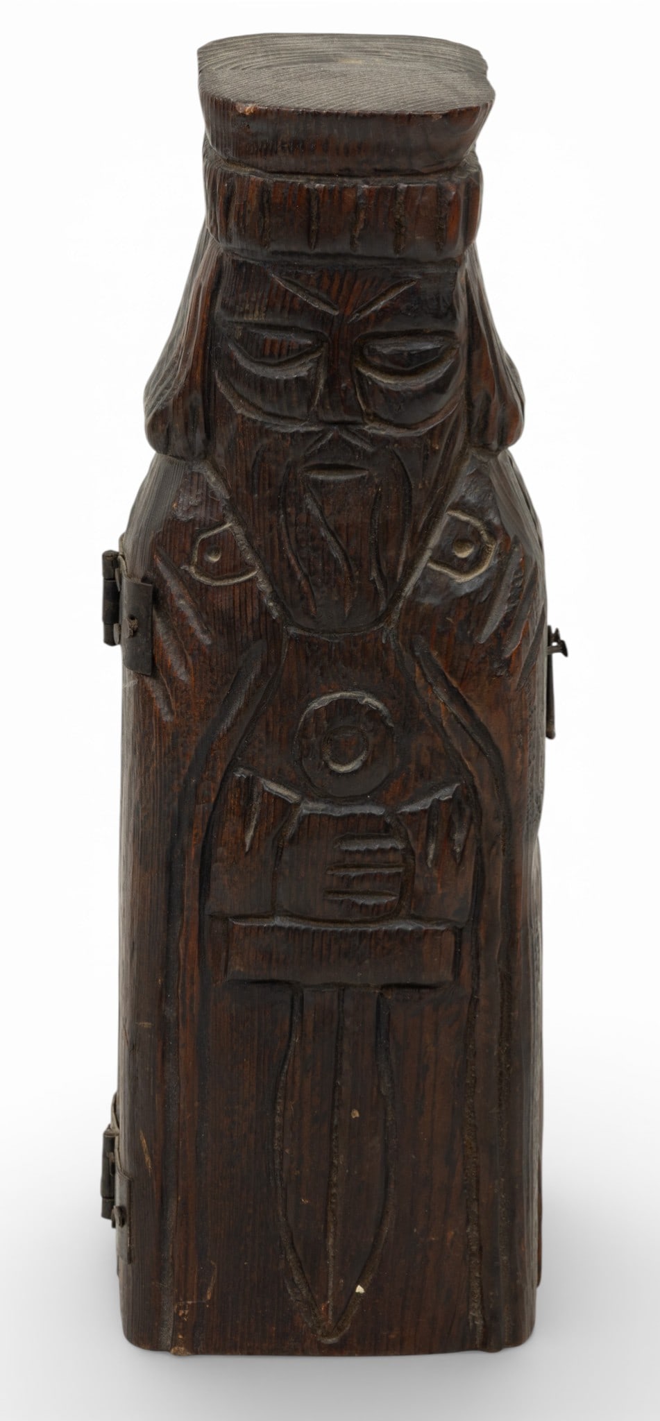 Dutch Hand Carved Hinged Figural Wine Bottle Carrier 1930, H 14" W 5": Dutch Hand Carved Hinged Figural Wine Bottle Carrier 1930, H 14" W 5" In form of a standing monk. Swings open on hinges. Inside is recessed to hold wine bottle. Dimensions: H 14" W 5"