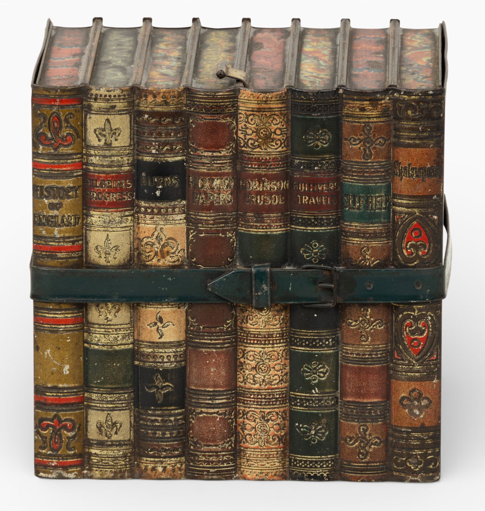 Huntley Palmers Biscuits (English) Strapped Faux Book-Form Tin Biscuit Box, Ca. 1900, H 6.5" W 4.75" (1 of 5)