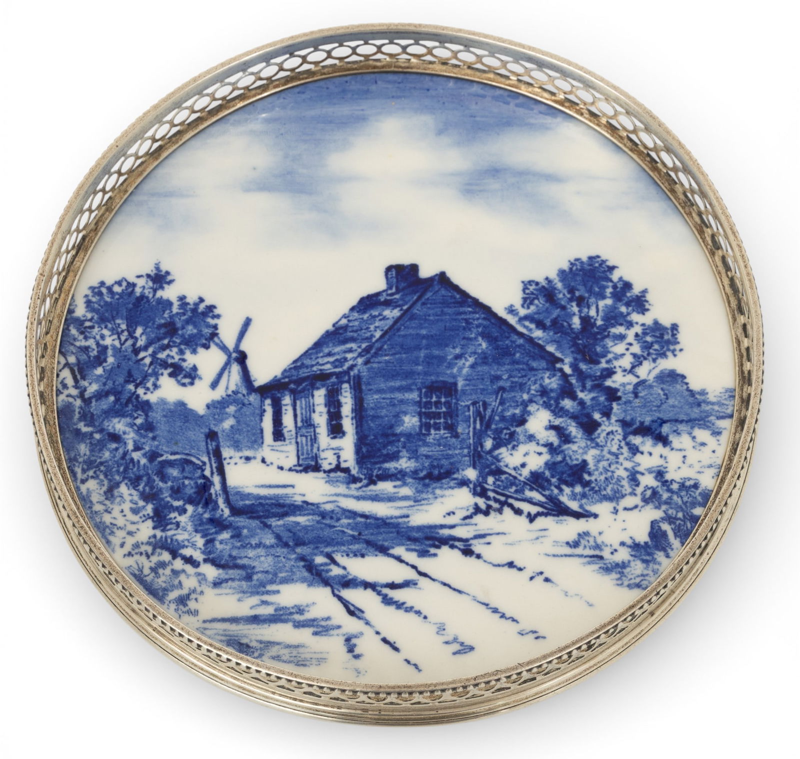 Gorham Sterling and Tile Gallery Cocktail Tray Dia. 6" 16 t oz: Gorham Sterling and Tile Gallery Cocktail Tray Dia. 6" 16 t oz Blue on white tile with Dutch windmill scene inset on sterling gallery tray with three ball feet. #122, date symbol of crescent. Pr