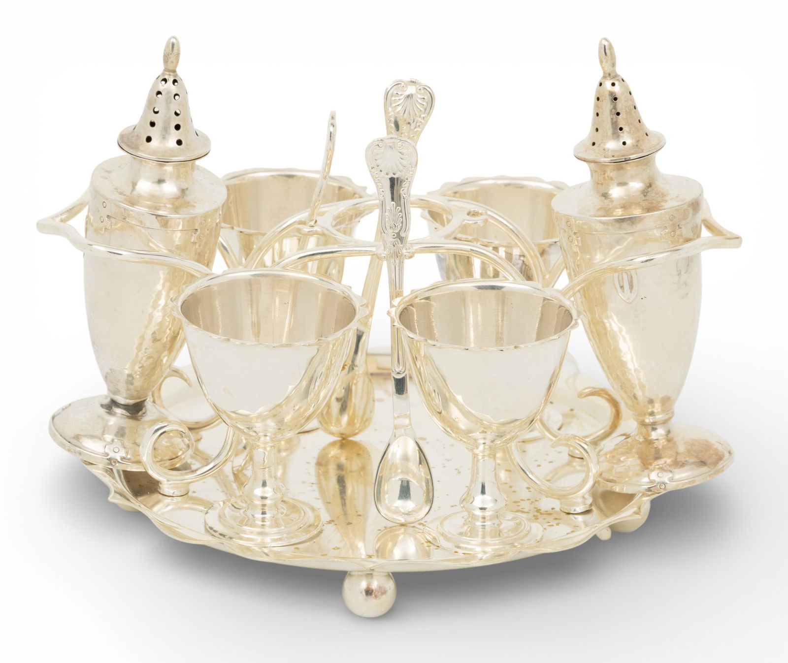 James Dixon & Sons Electro Plate Nickel Silver Salt, Pepper and Egg Set on Stand 1910, H 5.5" Dia.: James Dixon & Sons Electro Plate Nickel Silver Salt, Pepper and Egg Set on Stand 1910, H 5.5" Dia. 6" 1 SET Salt and pepper shakers, four egg cups. Provenance: Property of a Bloomfield Hills, M