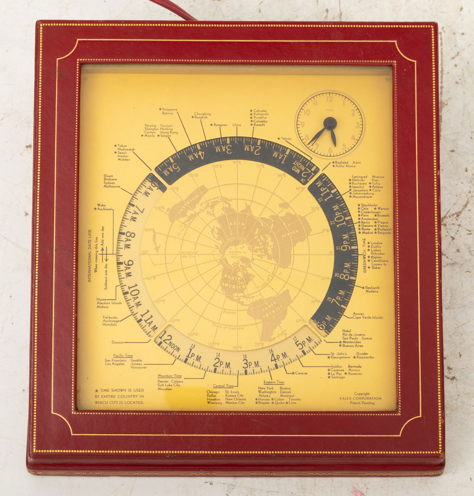 Kalex World Time Zone Clock, Leather Case, Ca. 1951, H 4" W 8.5" L 10" (1 of 6)
