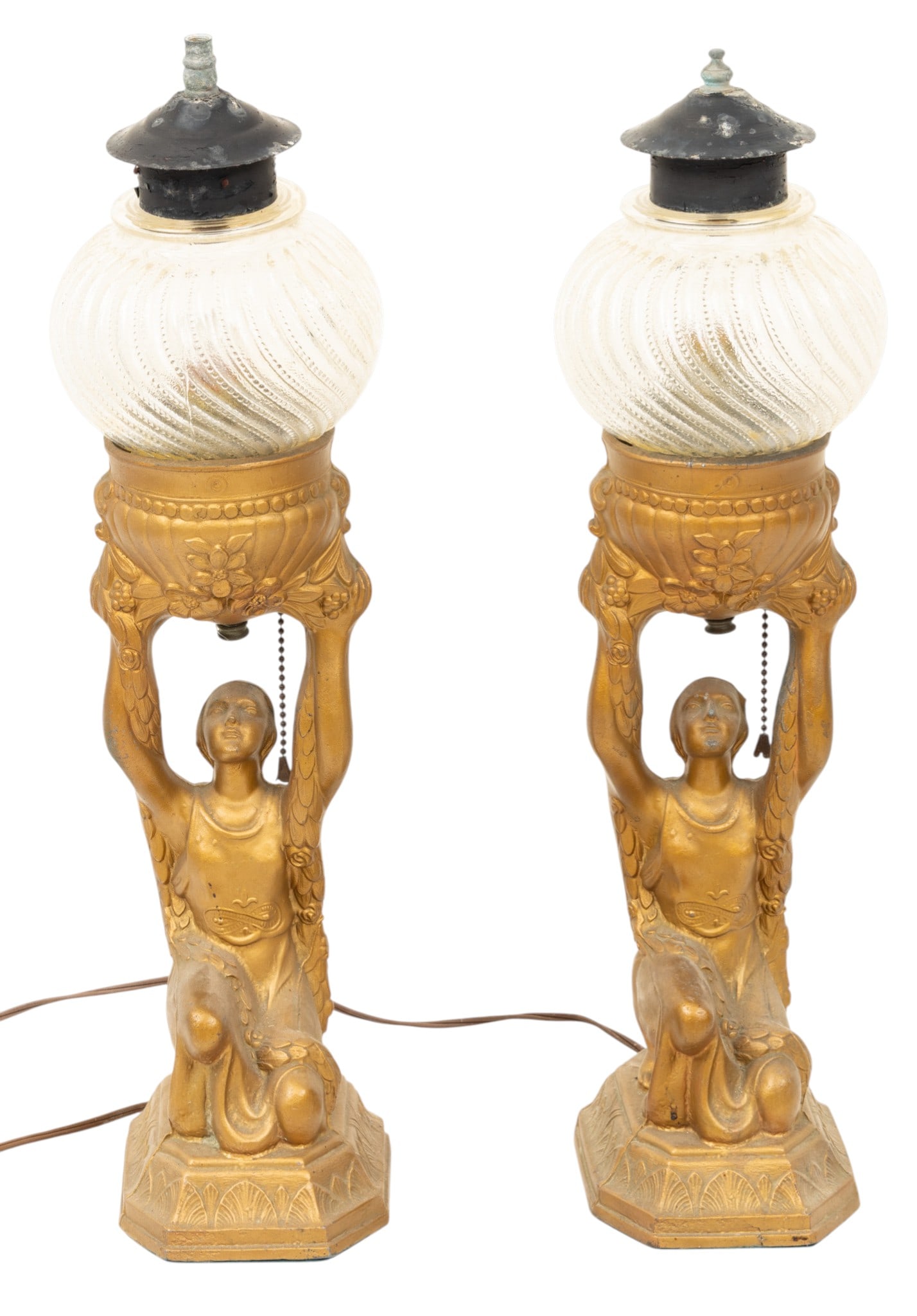 Art Deco Joan of Arc Patinated Metal Lamps, Ca. 1920's, H 20" W 4.5" Dia. 6" 1 PAIR (1 of 6)