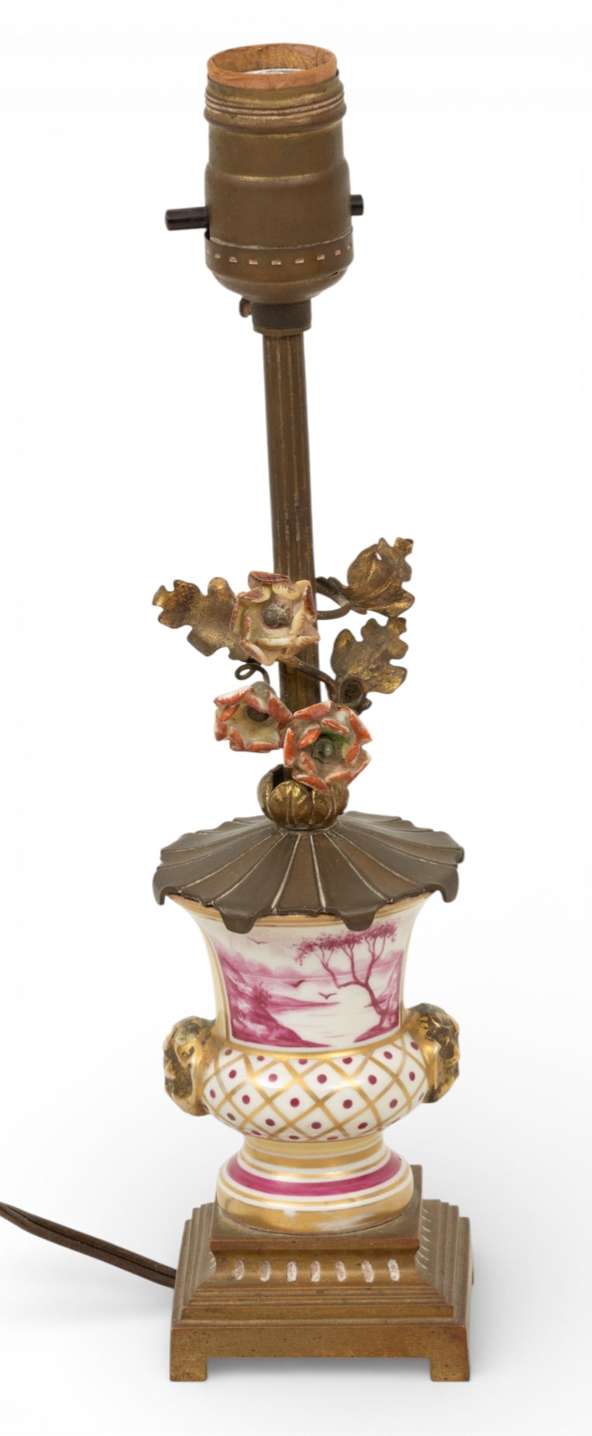 French Small Porcelain Lamp, Pink Landscapes 1900, H 13" W 3" L 3" (1 of 4)