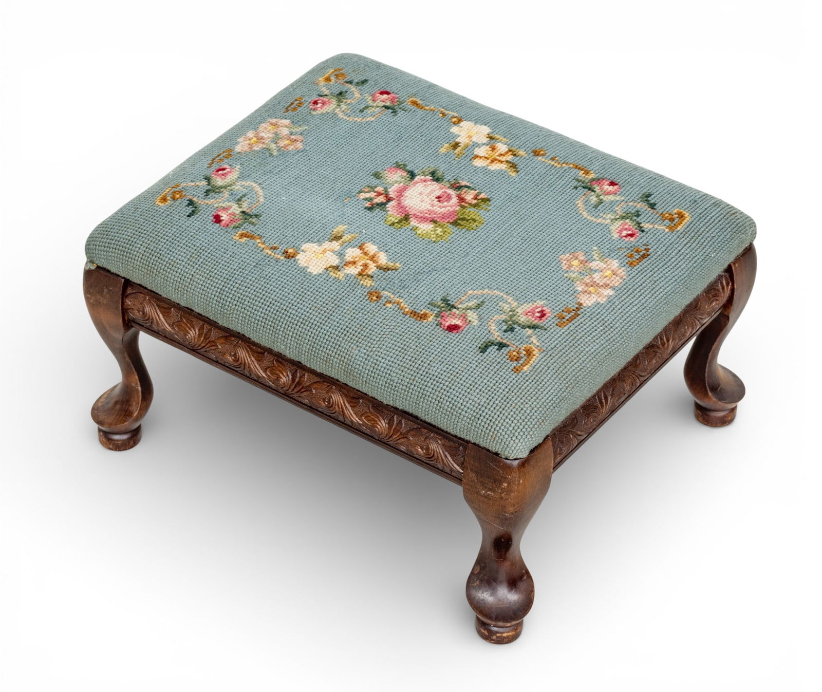 Queen Anne Style Carved Mahogany Footstool, Needlepointe Upholstery 1920, H 8" L 14" Depth 12" (1 of 4)