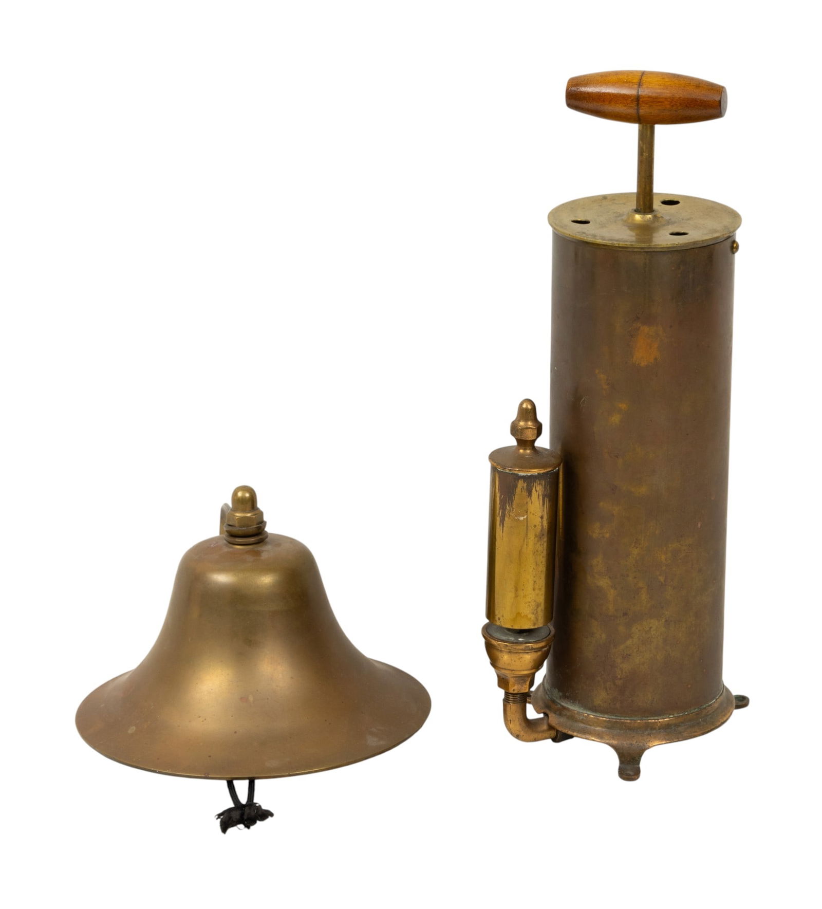 American, Brass Ship Hand Pump Whistle and Ship's Bell, 1900, 2 PCS (1 of 3)