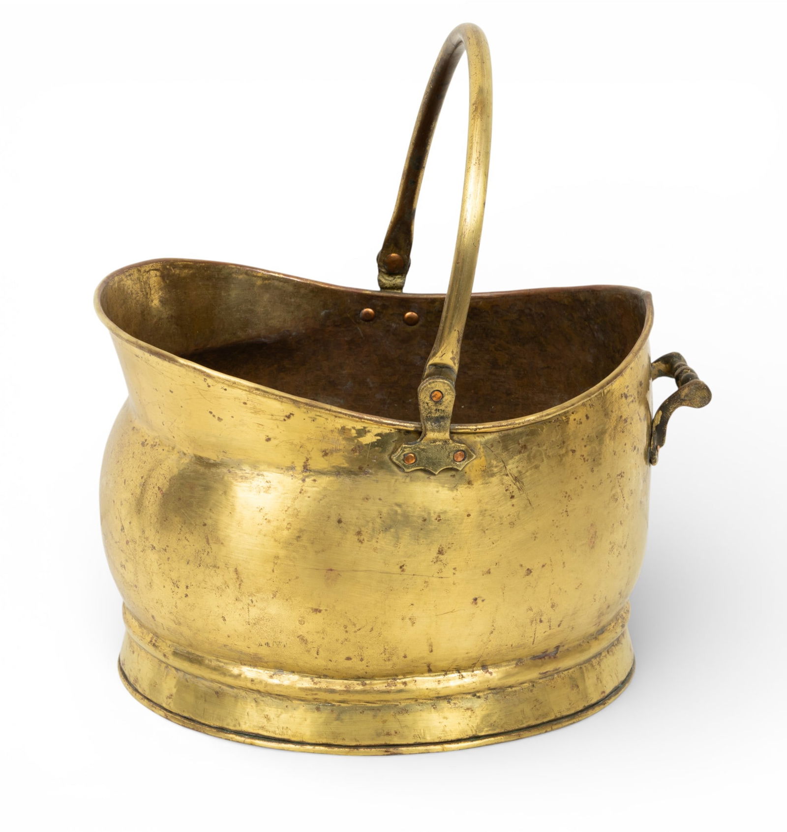 Victorian Brass Helmet-shape Coal Scuttle, 19th.c., H 9.5" W 10.5" L 14" (1 of 5)