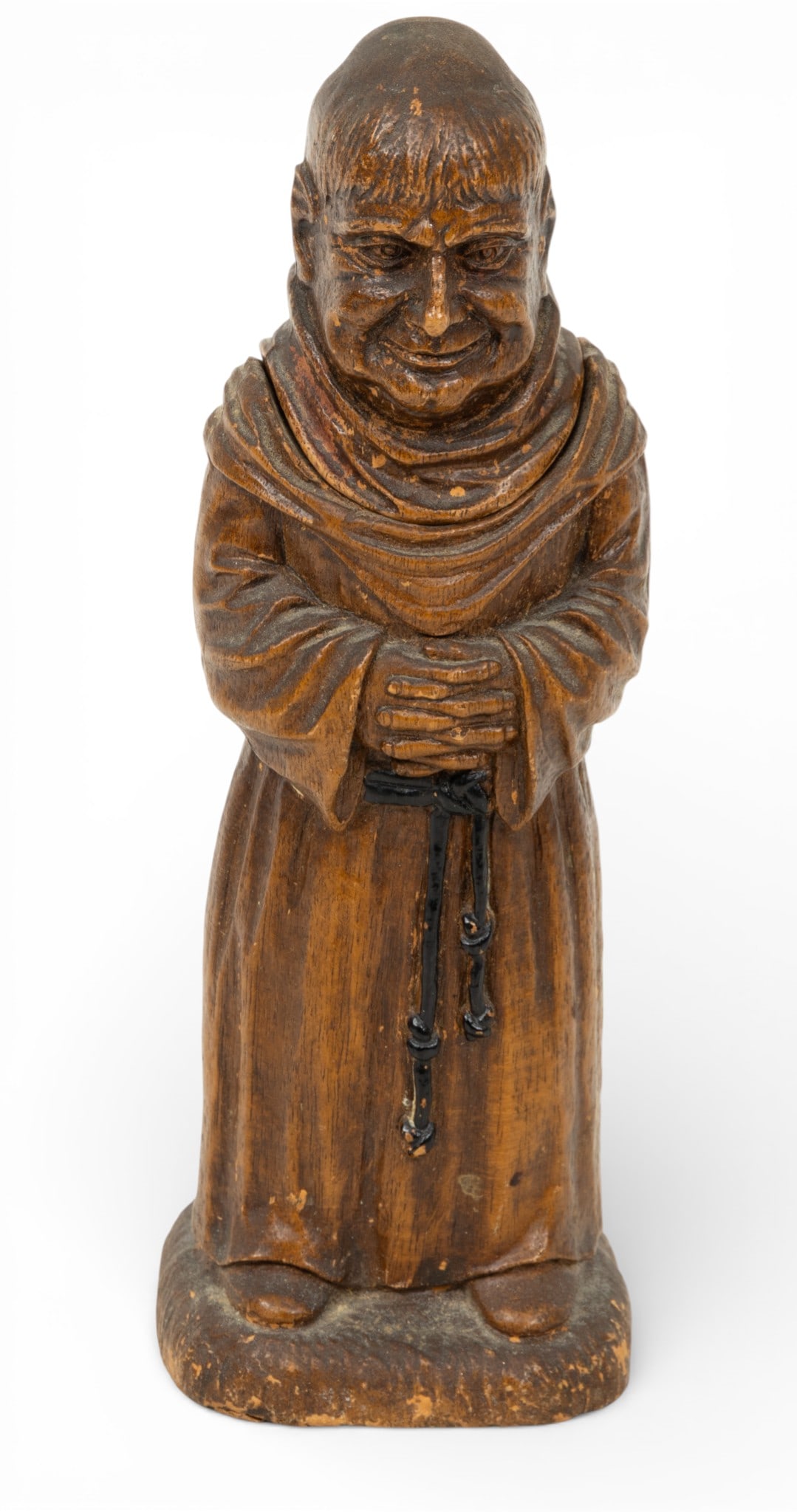 Carved Wood Monk Figure Containing Corkscrew 1920, H 8.5": Carved Wood Monk Figure Containing Corkscrew 1920, H 8.5" Unique figure of praying monk. Head lifts off to avail corkscrew. Dimensions: H 8.5"