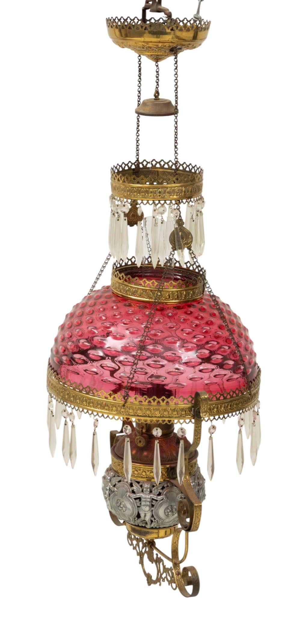 Plume & Atwood Victorian Brass, Zinc and Cranberry Glass Hanging Library Lamp 1880-1900, H 40" Dia. (1 of 6)