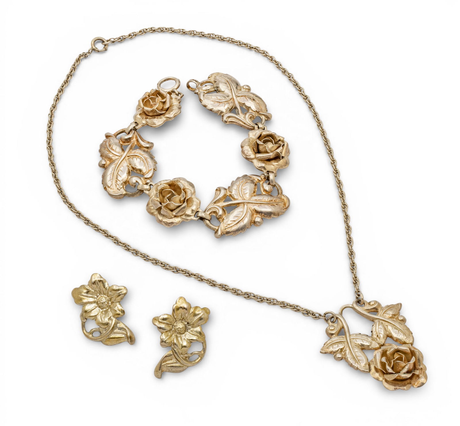 Sterling Silver Necklace, Bracelet, Earrings, Design of Roses 1950, 61 g 4 PCS (1 of 6)