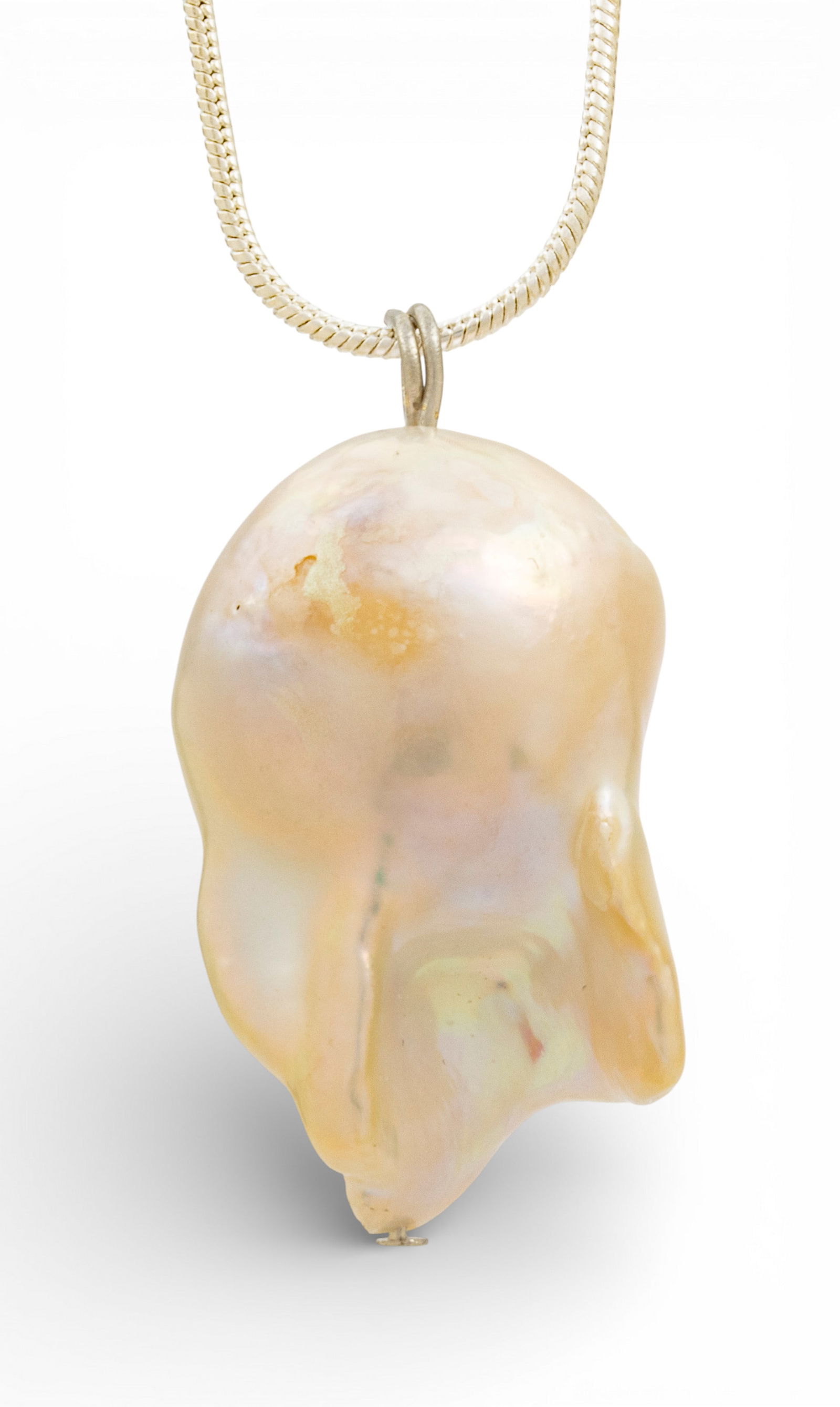 Sterling Silver and Baroque Pearl Necklace L 20": Sterling Silver and Baroque Pearl Necklace L 20" A large, iridescent Baroque pearl on a sterling silver snake chain having a lobster clasp. Stamped 925 to tag link. Provenance: Property from a