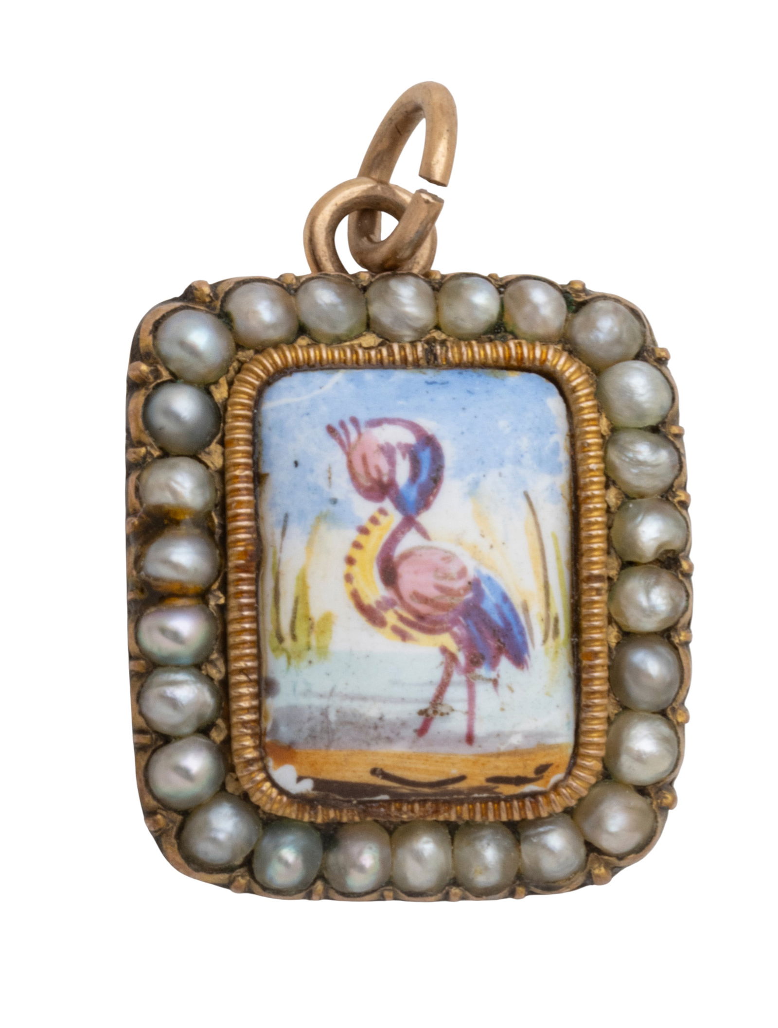 Mini Gold and Enamel Charm, Seed Pearls, Image of Crane H 0.5" 3 g: Mini Gold and Enamel Charm, Seed Pearls, Image of Crane H 0.5" 3 g Standing bird in water. Provenance: Property from a Bloomfield Hills, MI private collector. Dimensions: H 0.5" 3 g
