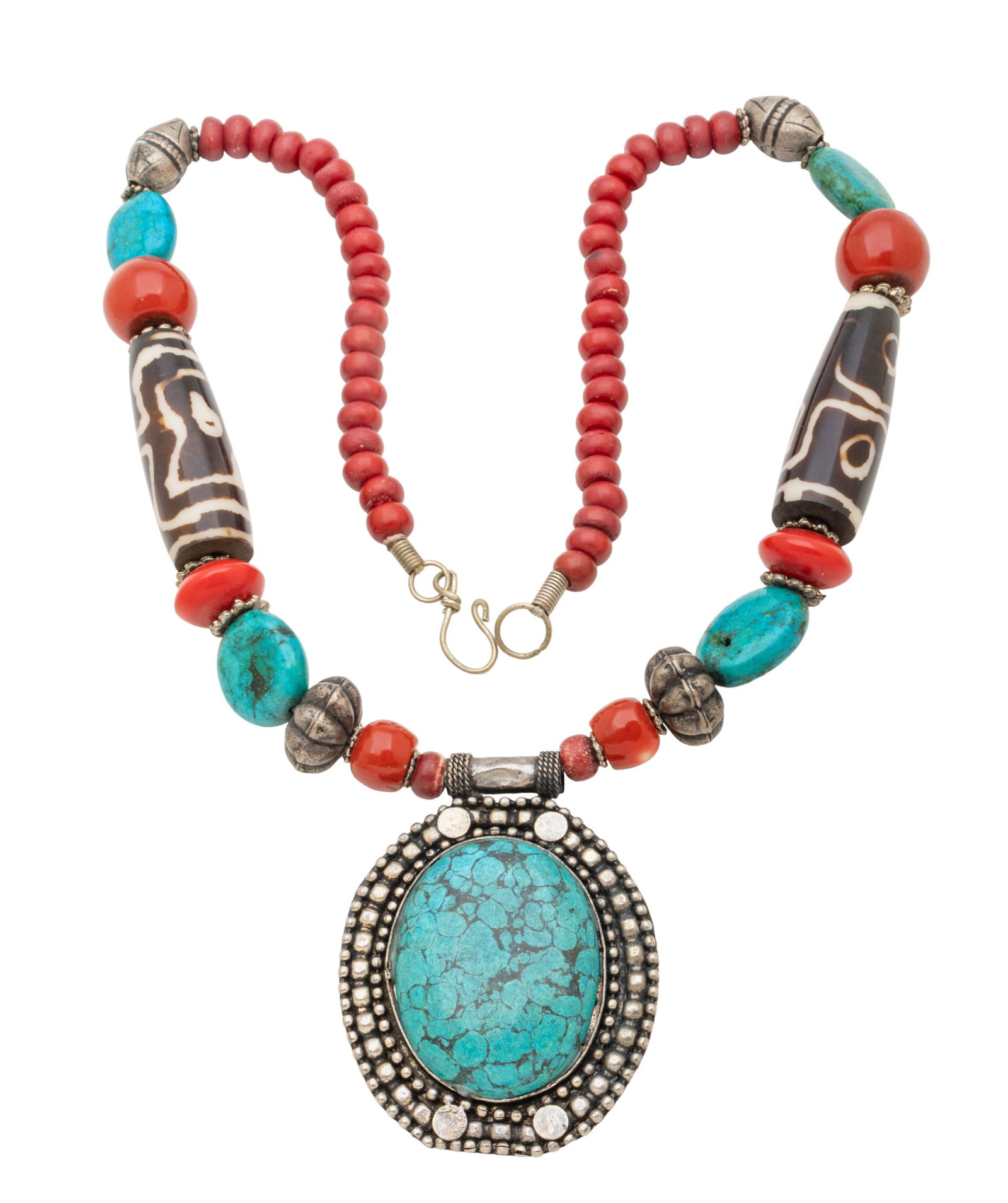 Designer "Silver", Red and Green Bead Necklace, Disc Pendant L 22" 124 g 1 PC (1 of 6)