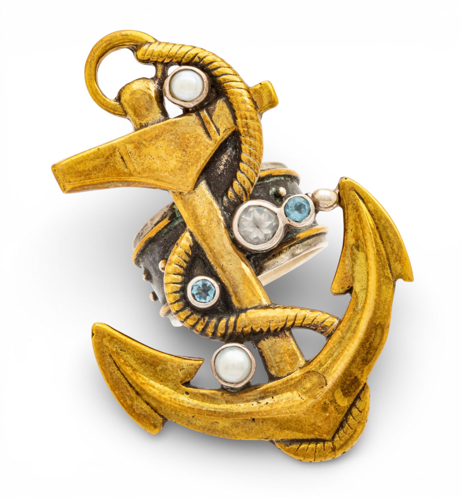 Mars & Valentine Sterling Silver and Vermeil Anchor Ring, Ca. 2000: Mars & Valentine Sterling Silver and Vermeil Anchor Ring, Ca. 2000 Mars & Valentine. Pearl, aquamarines and clear topaz. Provenance: Property from a Bloomfield Hills, MI private collector.