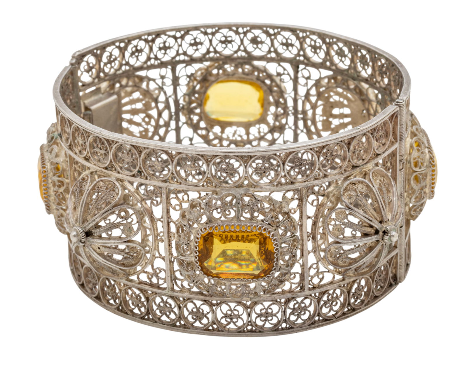 Filigree Hinged Bangle Bracelet , 4 Amber Color Stones 1920, W 1.5" Dia. 2.5" 59 g 1 PC (1 of 9)