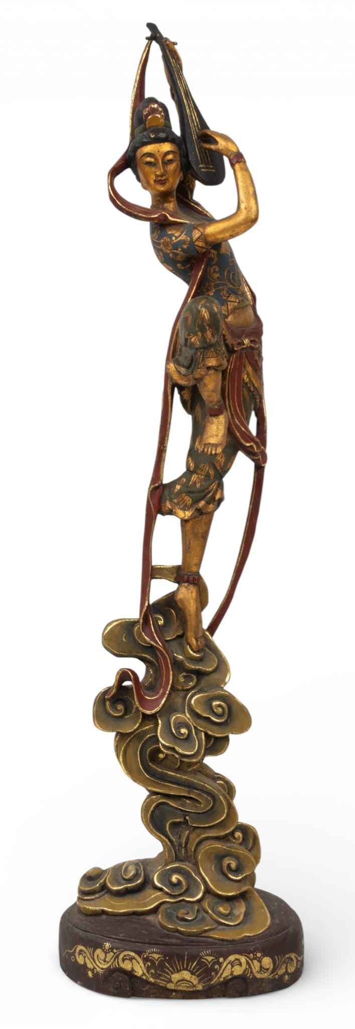 Polychromed Carved Wood Celestial Musician H 40" W 10" Depth 6.5": Polychromed Carved Wood Celestial Musician H 40" W 10" Depth 6.5" Musician balancing on cloud form base while playing a pipa. Dimensions: H 40" W 10" Depth 6.5"