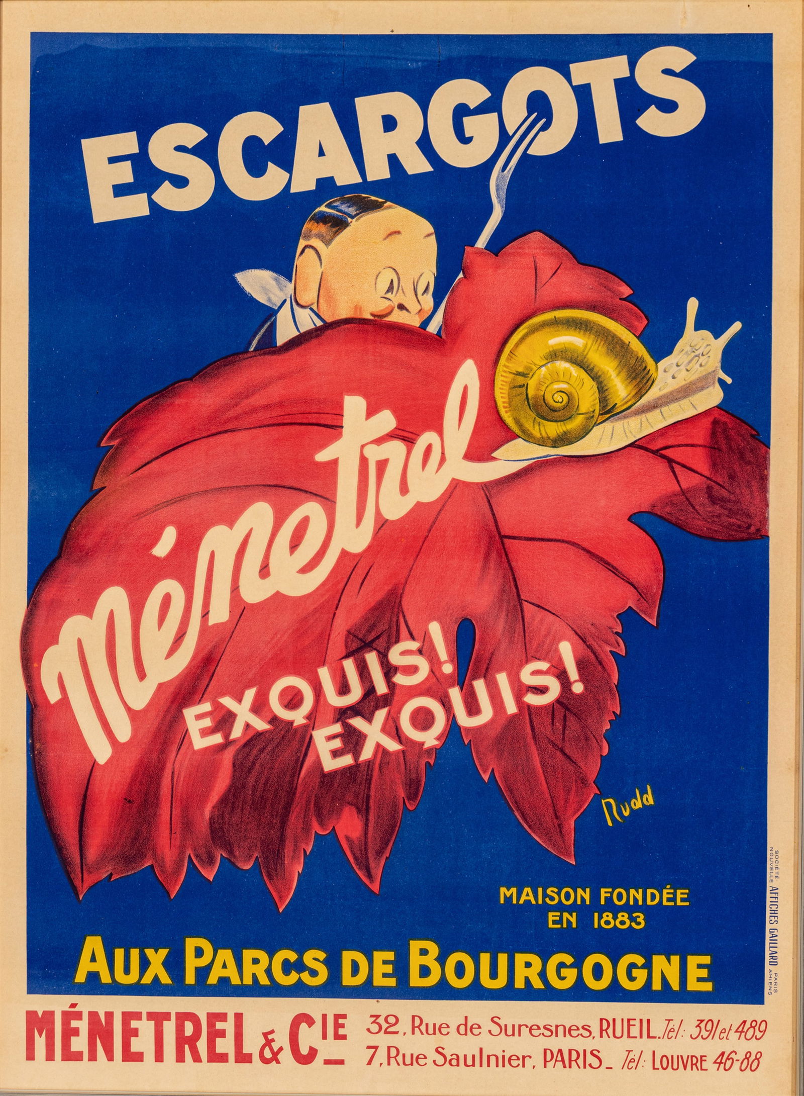 Rudd (French) Lithographic Poster in Colors on Paper, Linen Backed, Ca. 1925, 'Escargot Menetrel', H (1 of 7)