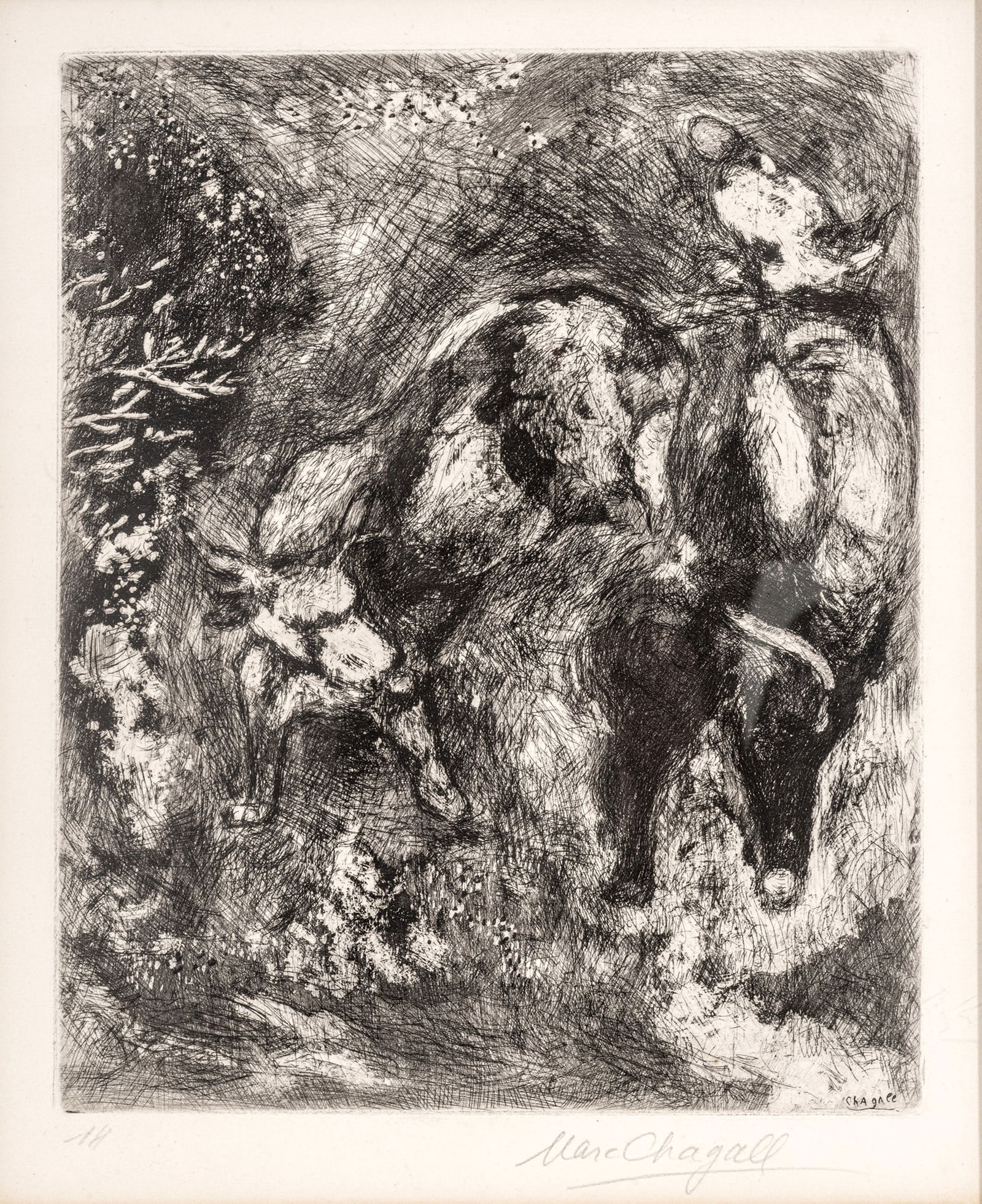 Marc Chagall (French/Russian, 1887-1985) 'Les Deux Taureaux Une Grenouille', H 11.5" W 9.5" Frame: Marc Chagall (French/Russian, 1887-1985) 'Les Deux Taureaux Une Grenouille', H 11.5" W 9.5" Frame Size: H 27.25" W 25" Signed in pencil lower right and annotated, published by Tériade, Paris. L