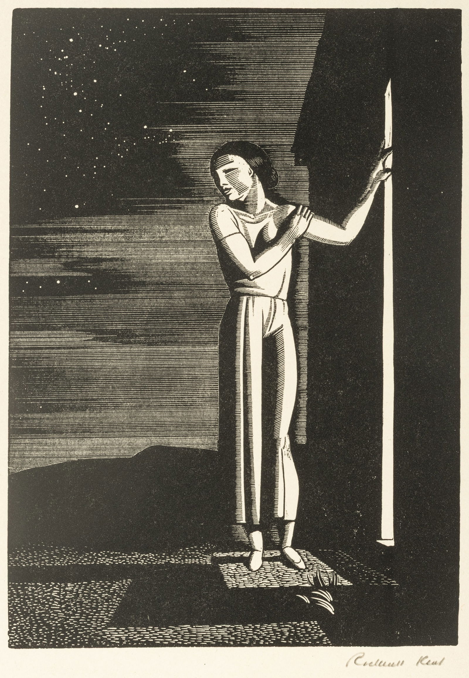 Rockwell Kent (American, 1882-1971) Woodcut on Japon Paper 1933, 'Starry Night', H 7" W 5" (1 of 7)