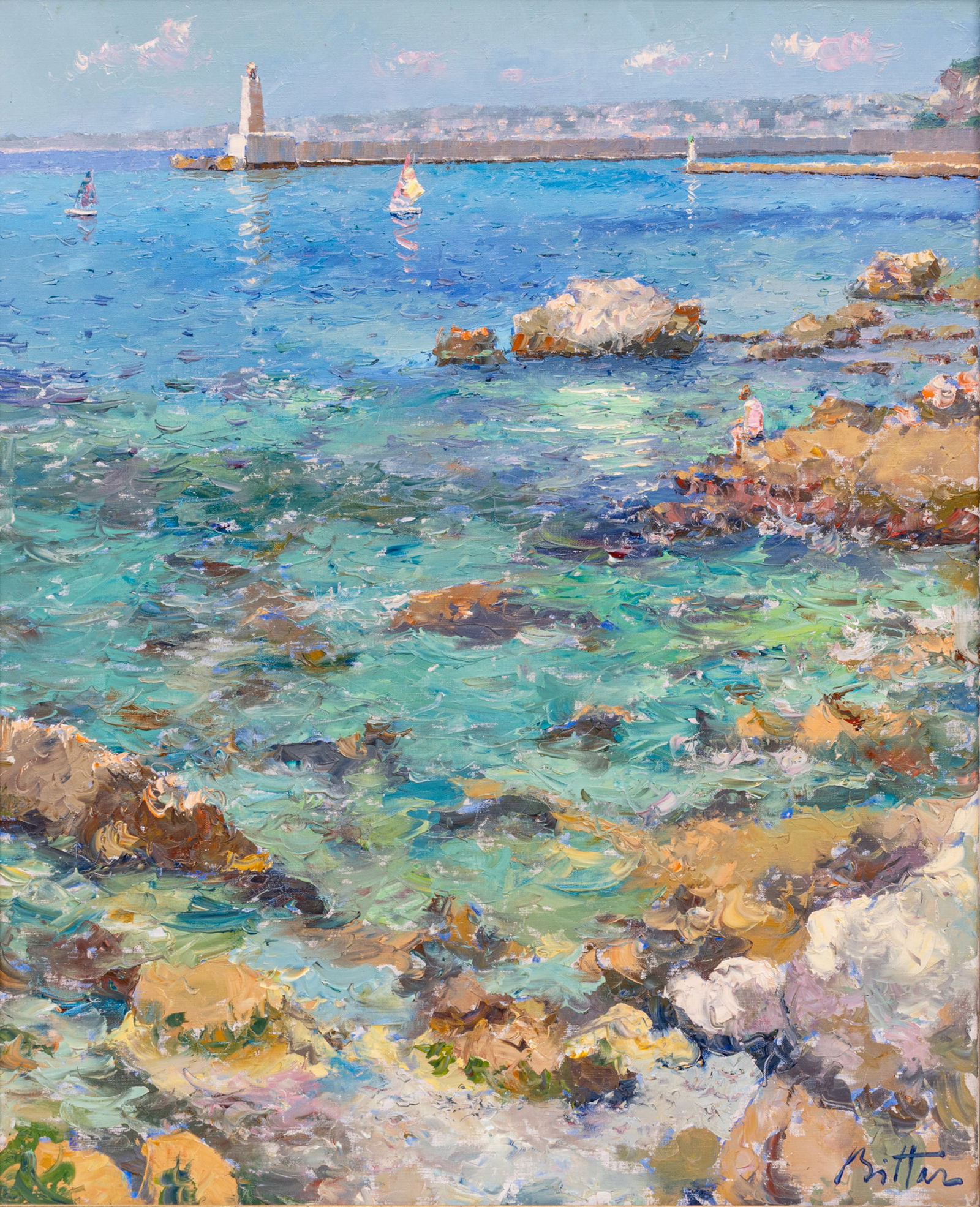 Pierre Bittar (French / American, B. 1934) Oil on Canvas, 'Port Lympia, Nice, France', H 39.25" W: Pierre Bittar (French / American, B. 1934) Oil on Canvas, 'Port Lympia, Nice, France', H 39.25" W 32" Frame Size: H 44.5" W 37" Signed lower right. Sun drenched summer day on the French Riviera featur