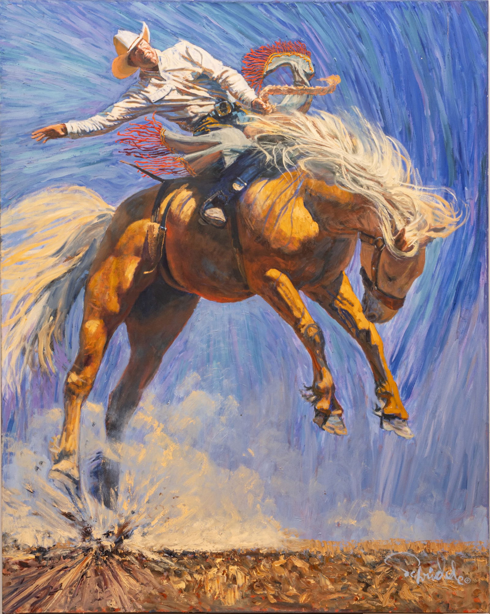 Charles Schridde (American, 1926-2011) Oil on Canvas, 'Golden Bronco', H 59.5" W 47.5" (1 of 7)