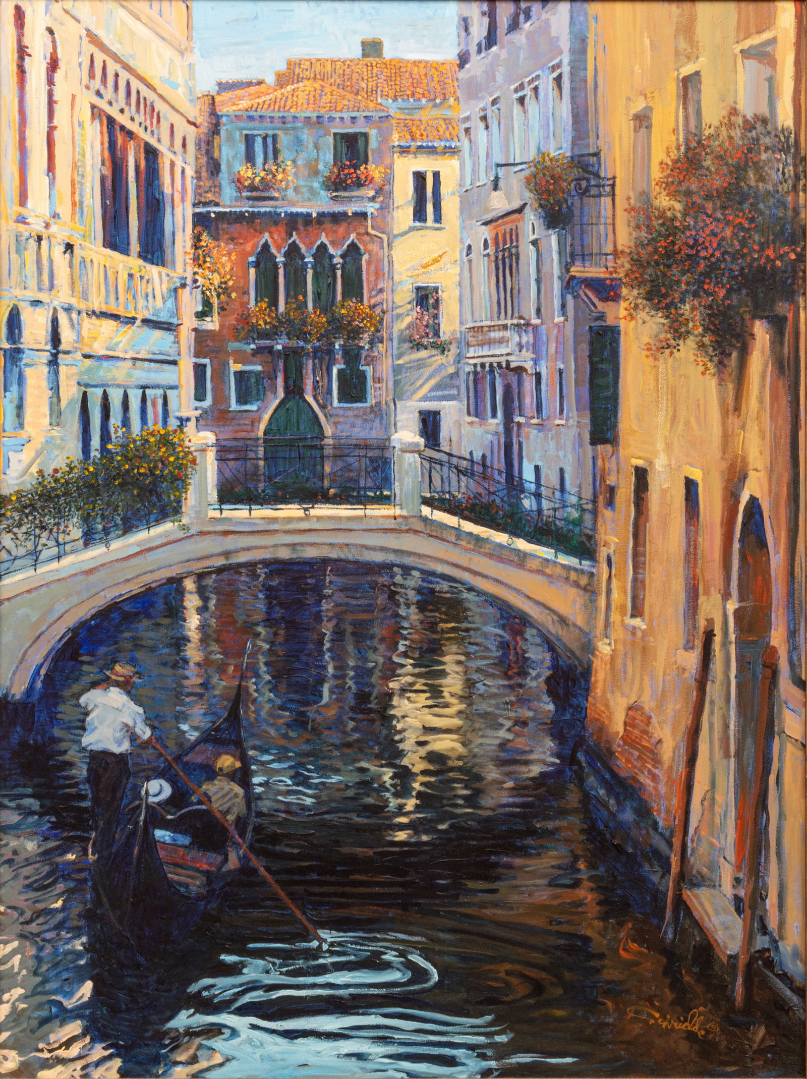 Charles Schridde (American, 1926-2011) Oil on Canvas, 'Venice Gondola', H 48" W 36" Frame Size: H: Charles Schridde (American, 1926-2011) Oil on Canvas, 'Venice Gondola', H 48" W 36" Frame Size: H 57" W 45" Signed lower right. Peaceful Venetian canal scene with a gondola passing beneath a pedestria