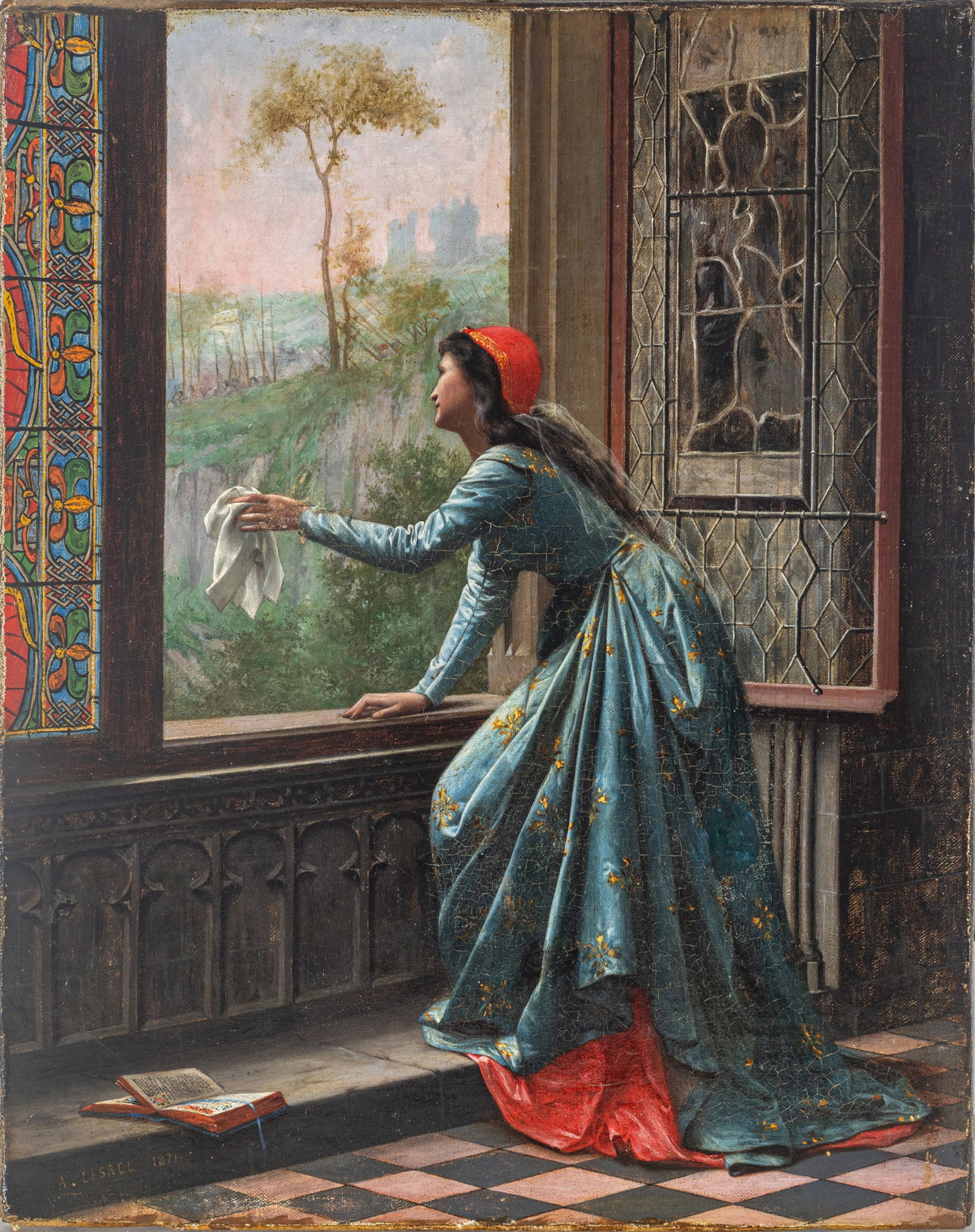 Adolphe Alexandre Lesrel (French, 1839-1929) Oil on Canvas 1871, 'Farewell', H 9.75" W 7.25" Frame: Adolphe Alexandre Lesrel (French, 1839-1929) Oil on Canvas 1871, 'Farewell', H 9.75" W 7.25" Frame Size: H 16" W 14" A medieval inspired scene of a young French noblewoman wearing a blue gown waving h