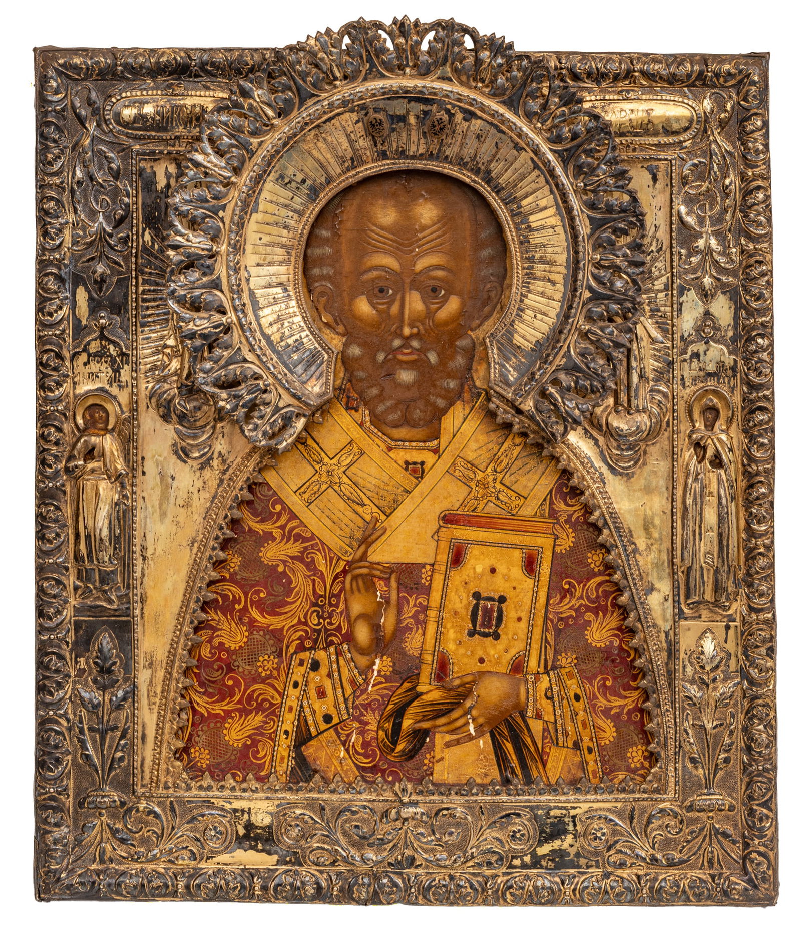 Russian Painted Gesso on Wood, Gilded Silver Oklad Icon 19th C., 'St. Nicholas the Wonderworker', H (1 of 16)
