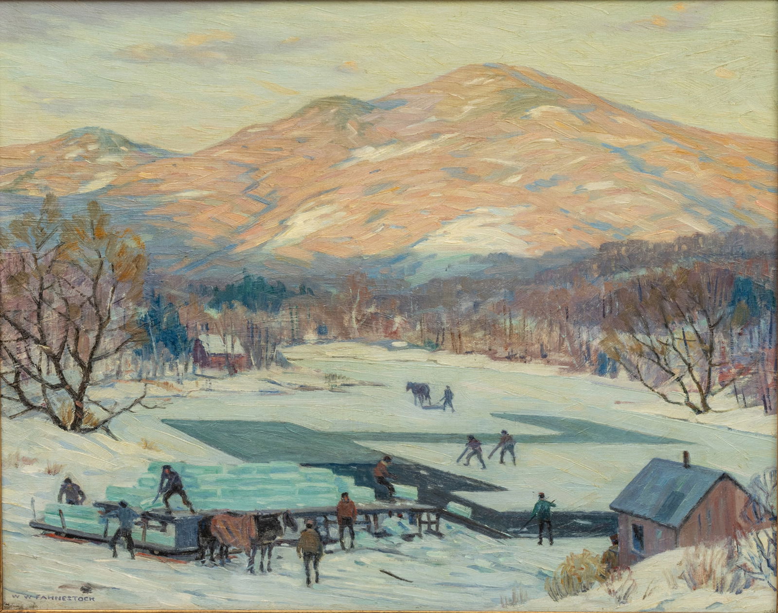 Wallace Weir Fahnestock (American / VT / MA, 1877-1962) Oil on Canvas, Ca. 1920-30, 'Ice Harvesting,: Wallace Weir Fahnestock (American / VT / MA, 1877-1962) Oil on Canvas, Ca. 1920-30, 'Ice Harvesting, Dorset, VT', H 20" W 24" Frame Size: H 24" W 28" Signed lower left. Vermont winter mountainscape wi