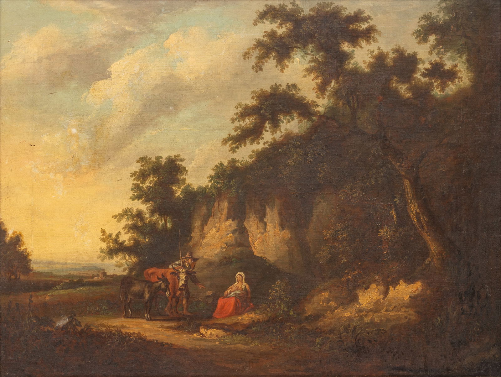 Attributed to Nicholaes Pietersz Berchem (Dutch, 1620-1683) Oil on Canvas, Ca. 17th C., 'Drover with: Attributed to Nicholaes Pietersz Berchem (Dutch, 1620-1683) Oil on Canvas, Ca. 17th C., 'Drover with Wife and Child in an Arcadian Landscape', H 21.75" W 28.5" Frame Size: H 28.5" W 35.5" Unsigned. De