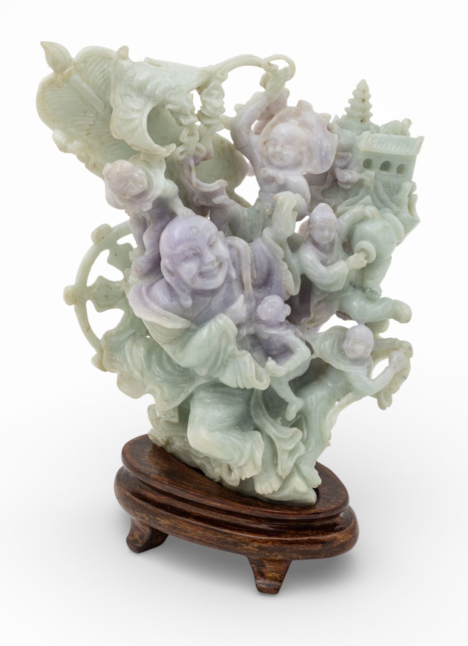 Chinese Carved Lavender Jadeite Sculpture 20th C., 'Budai Surrounded by Children', H 7.75" W 5.5" (1 of 9)