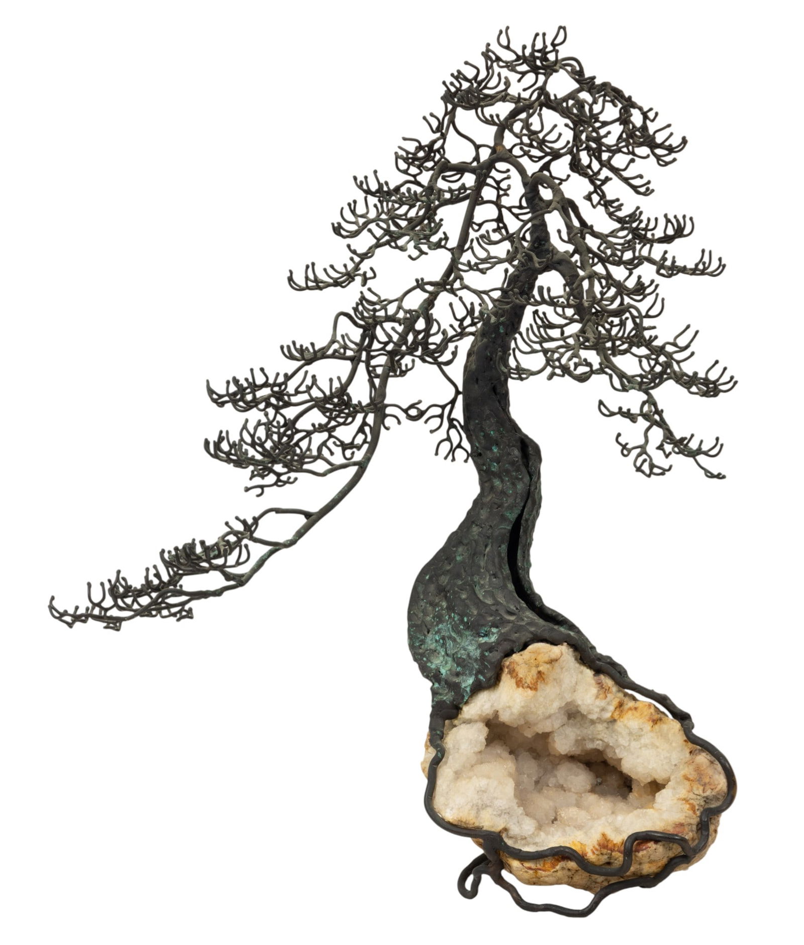 Bronze Sculpture of a Bonsai Tree Atop a Quartz Geode, 20th C., H 24.5" W 18" (1 of 4)