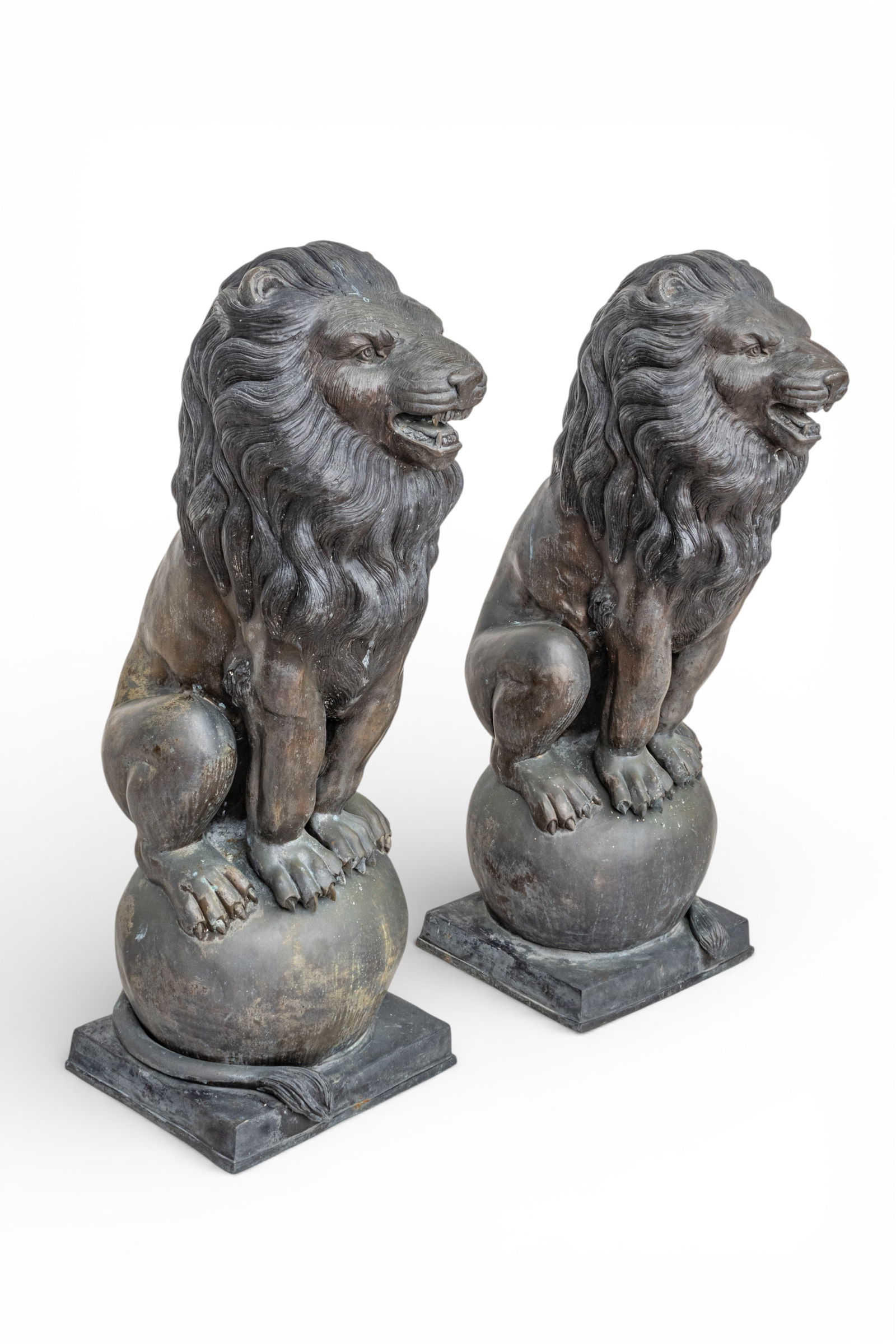 Pair of Bronze Seated Lion Garden Sculptures, 20th C., H 52" W 19" Depth 23" (1 of 10)