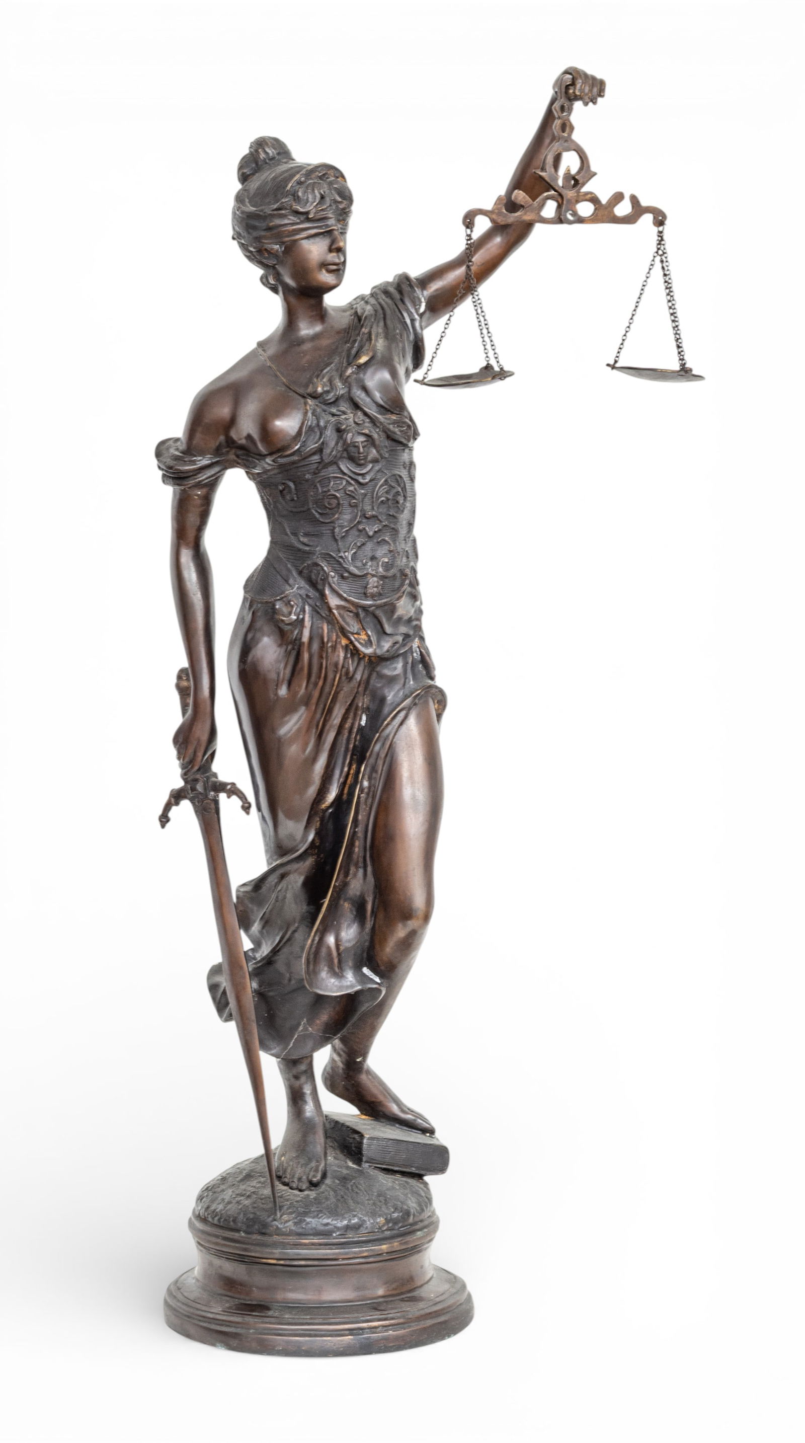 After Alois Mayer (German, 1855-1939) Bronze Sculpture, 20th C., 'Blind Justice', H 36" W 11" Depth (1 of 7)