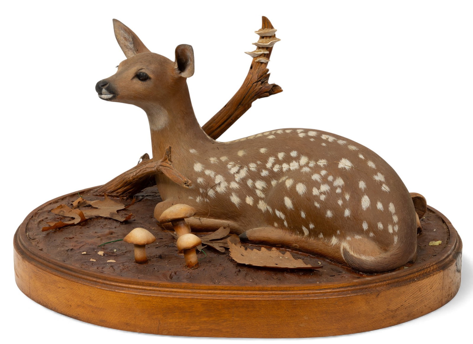 Kent L. Gordon (American, 20th C.) Polychrome Carved Wood Fawn on Sculptural Base, Ca. 1987,: Kent L. Gordon (American, 20th C.) Polychrome Carved Wood Fawn on Sculptural Base, Ca. 1987, 'Treasures of Spring', H 13" W 19" L 25" Recumbent fawn next to a branch with fungi and the previous year's