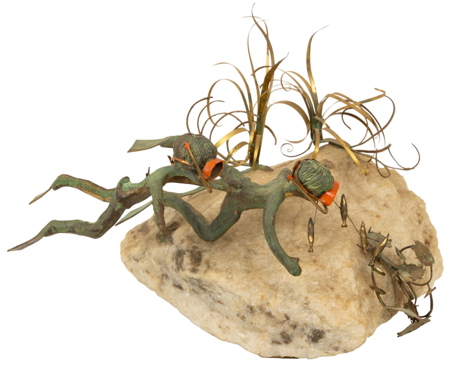 American Patinated Bronze and Quartz Sculpture, 1977, 'Two Snorkelers', H 6" W 6" L 9": American Patinated Bronze and Quartz Sculpture, 1977, 'Two Snorkelers', H 6" W 6" L 9" Indiscernibly signed on the base. Dated 77. Patinated bronze mounted to a quartz base. Depicting a boy and a girl