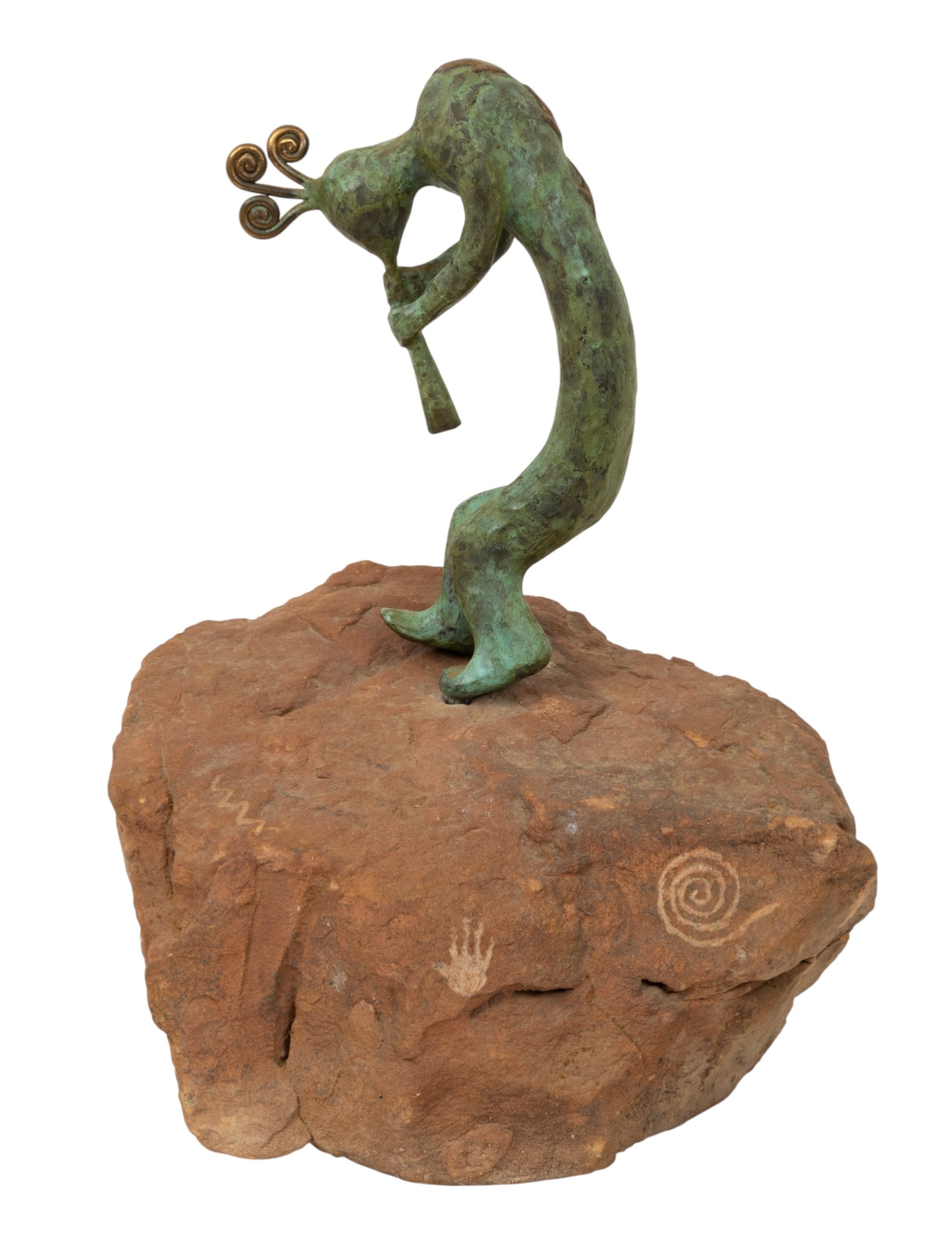 American Southwest Patinated Bronze on Sandstone Base, 20th C., 'Kokopelli', H 11.5" W 9" Depth 7" (1 of 4)