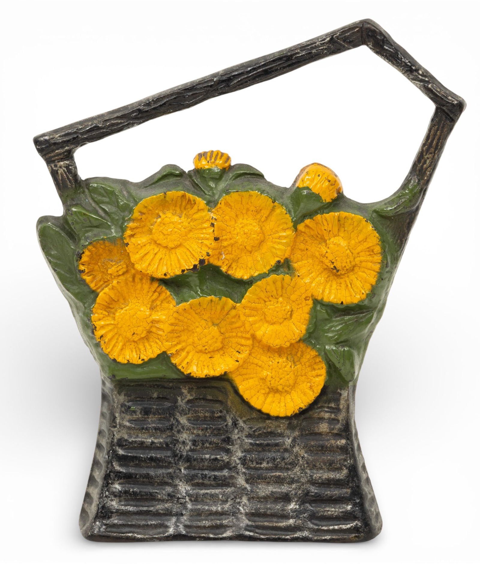 Chicago Hardware Foundry (American) Est. 1897. Art Deco Cast Iron Doorstop 'Poppy Basket', H 10.5" W: Chicago Hardware Foundry (American) Est. 1897. Art Deco Cast Iron Doorstop 'Poppy Basket', H 10.5" W 8.5" Depth 2" A painted, cast-iron doorstop depicting yellow poppy flowers in a basket. Marked CHF