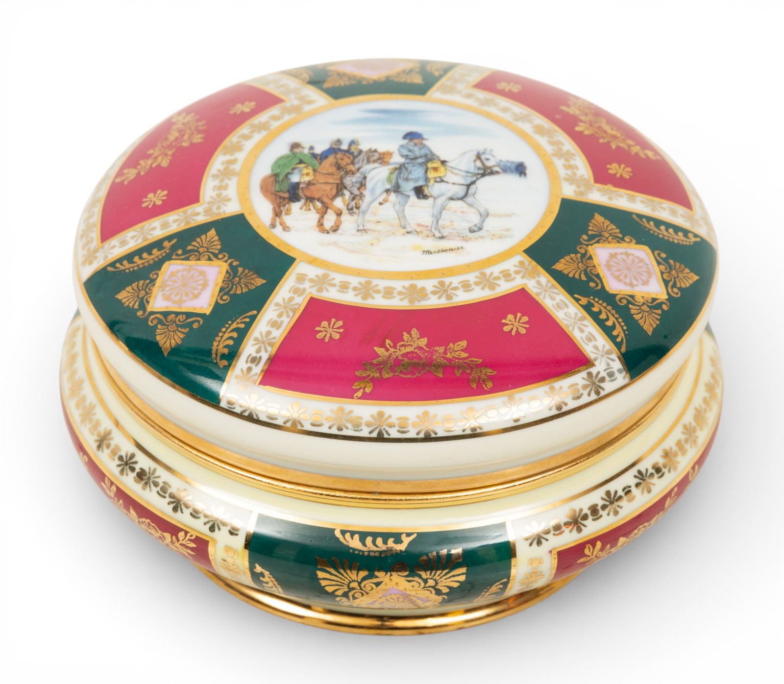 JKW (Josef Kuba) Karlsbad (German) Porcelain Covered Dresser Box 1930-1945, H 2.5" Dia. 5" (1 of 4)