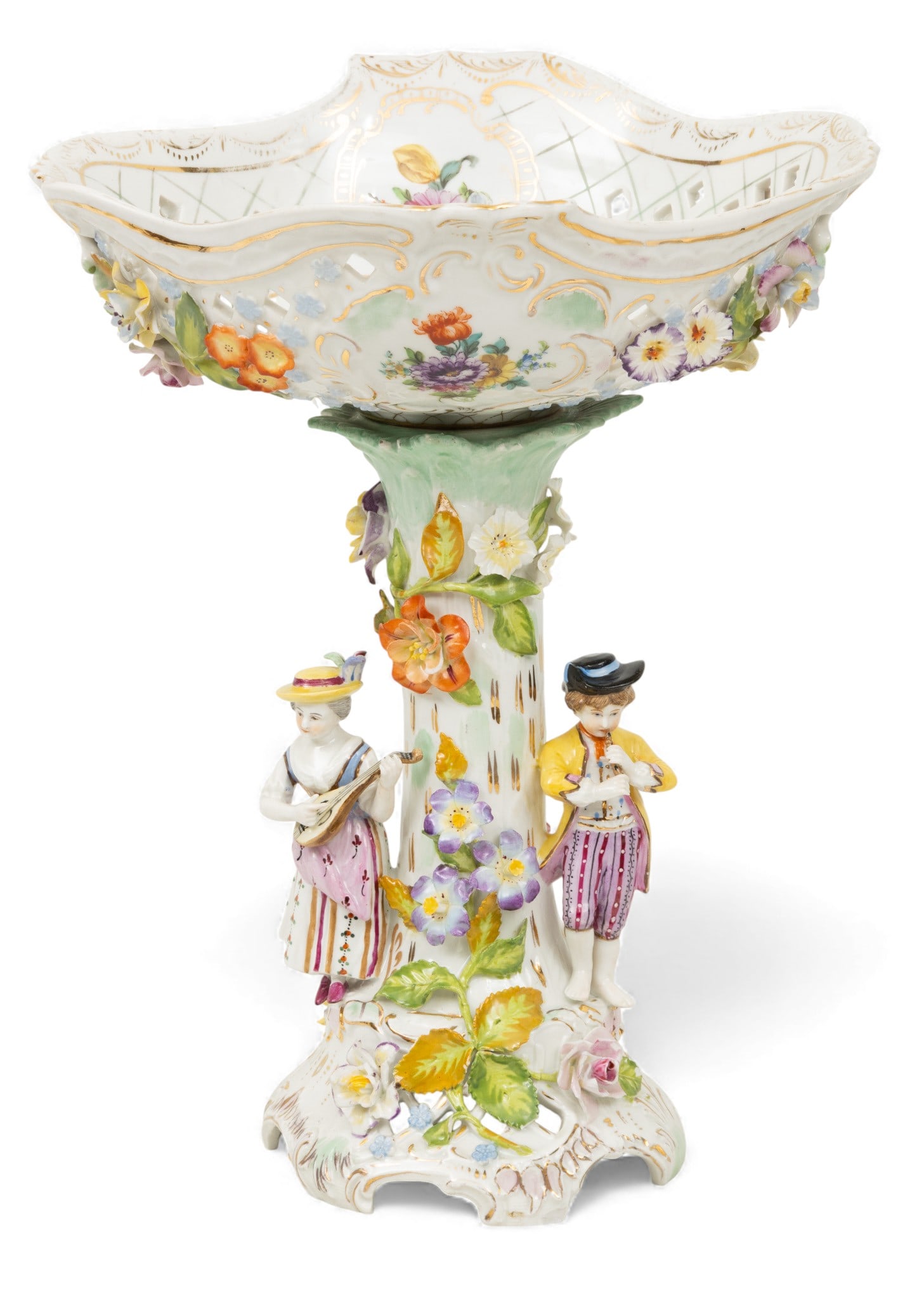 Schumann Dresden Porcelain, Compote, Two Figures in Relief H 14" W 10" (1 of 6)