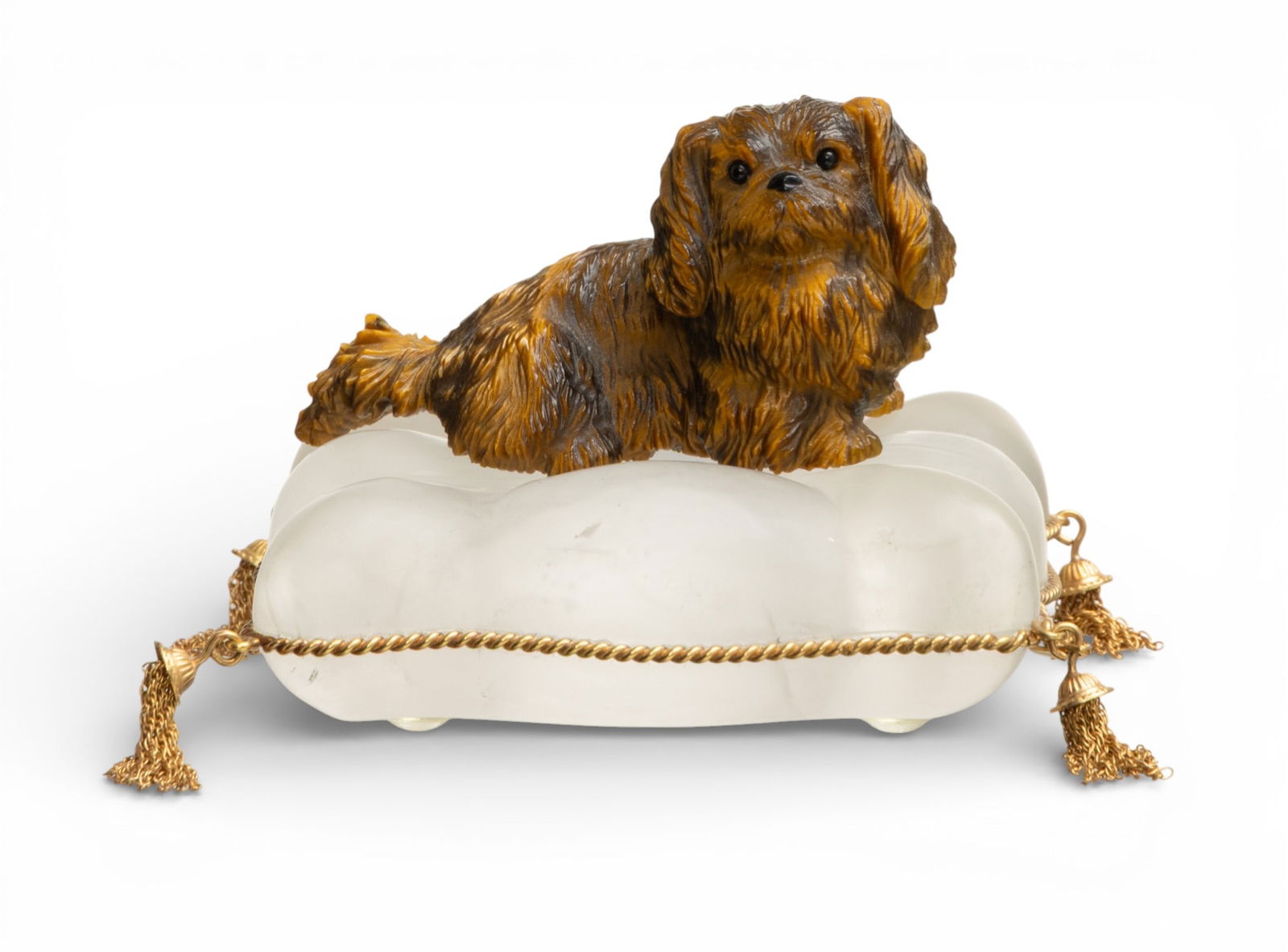 Carved Cats Eye Gemstone Pekinese Dog Figurine Atop a Frosted Glass Pillow, Retailed by Asprey & (1 of 7)