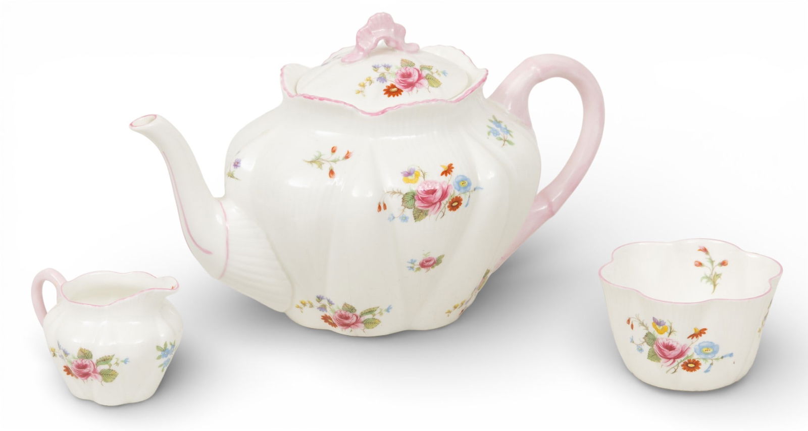 Shelley, (England) Bone China Teapot, Creamer, Sugar 1950, H 6" L 9" 3 PCS (1 of 5)