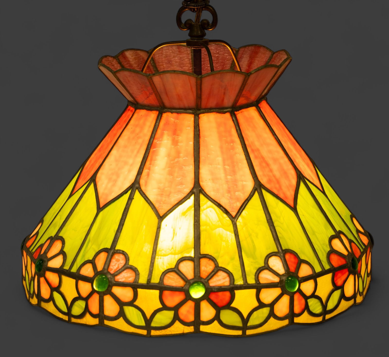 American Leaded Slag Glass Hanging Shade, Ca. 1970s, H 11" Dia. 15.75" (1 of 4)
