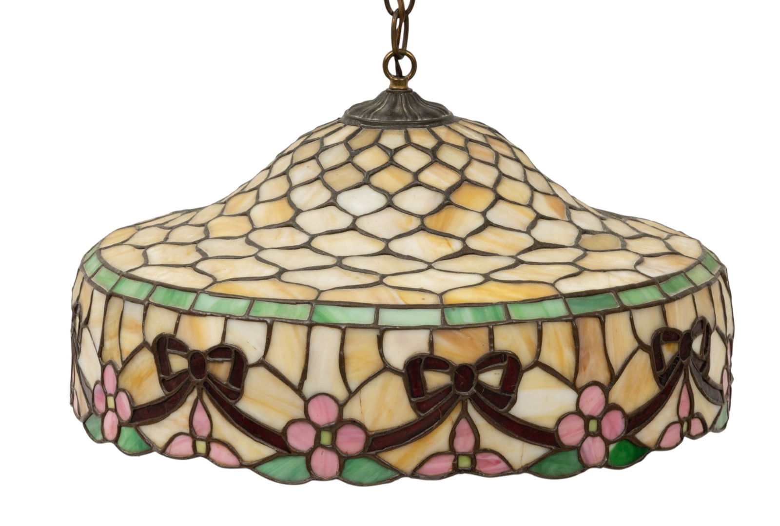 Leaded Art Glass Hanging Pendant Shade 1910, H 10" Dia. 18": Leaded Art Glass Hanging Pendant Shade 1910, H 10" Dia. 18" A leaded glass pendant shade with carmel color background, pink flowers, ribbons and bows under a green band. Provenance: A Rochester