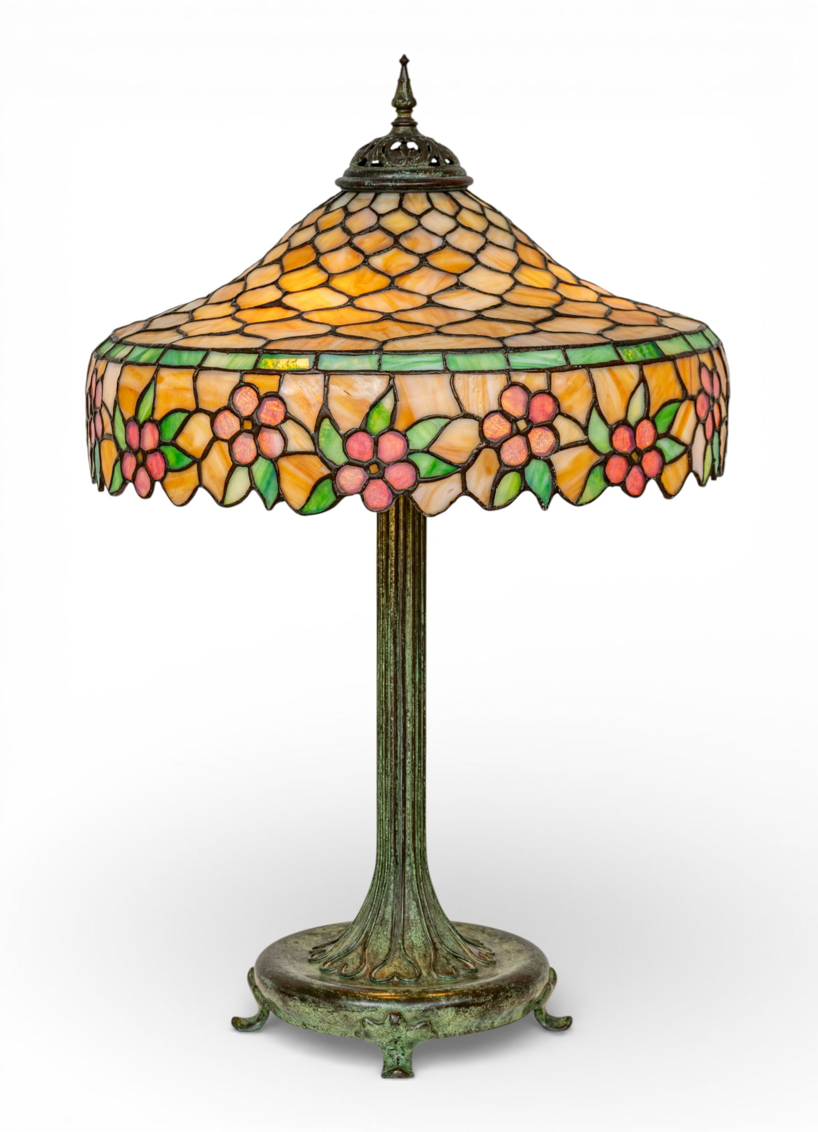 Leaded Art Glass Shade, Bronze Base Table Lamp 1910, H 28" Dia. 18" (1 of 11)