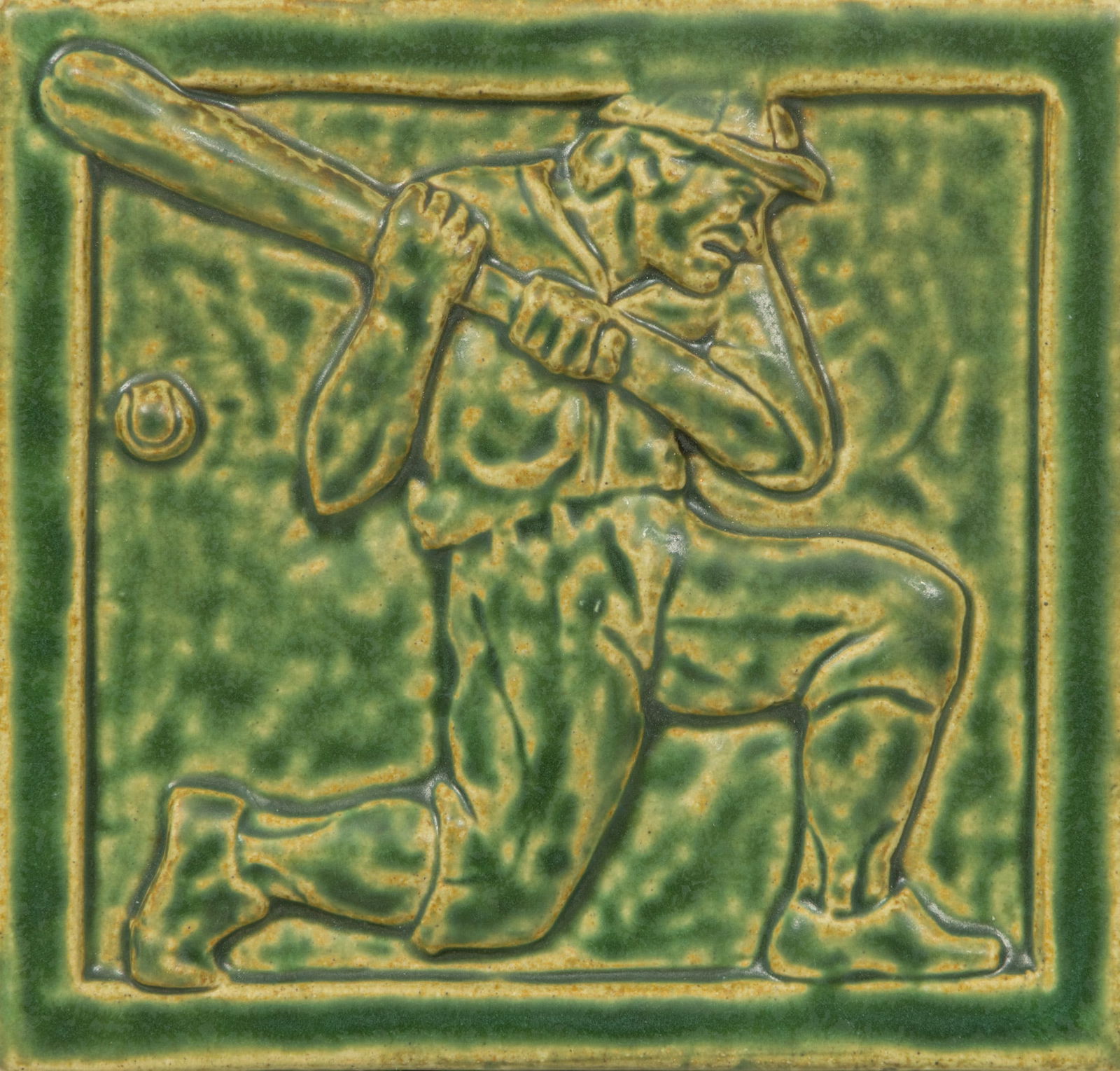 Pewabic Pottery Handmade Tile, 2007, 'Baseball Player', H 7" W 7.5" (1 of 4)